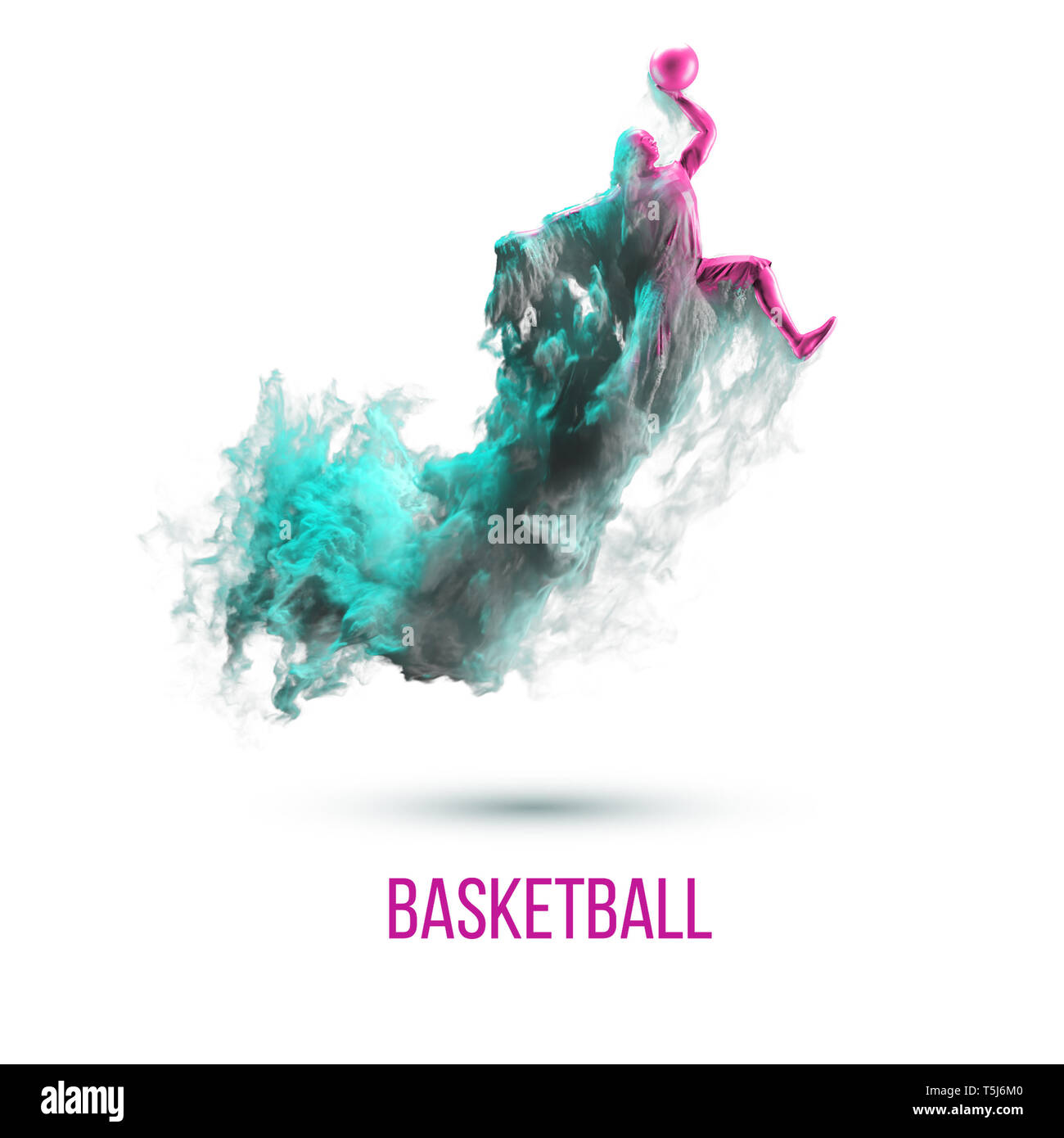Abstrakte Silhouette eines Basketballspielers auf weißem Hintergrund, isoliert von Staub, Rauch, Dampf. Basketballspieler springen und führt Slam Dunk. Stockfoto