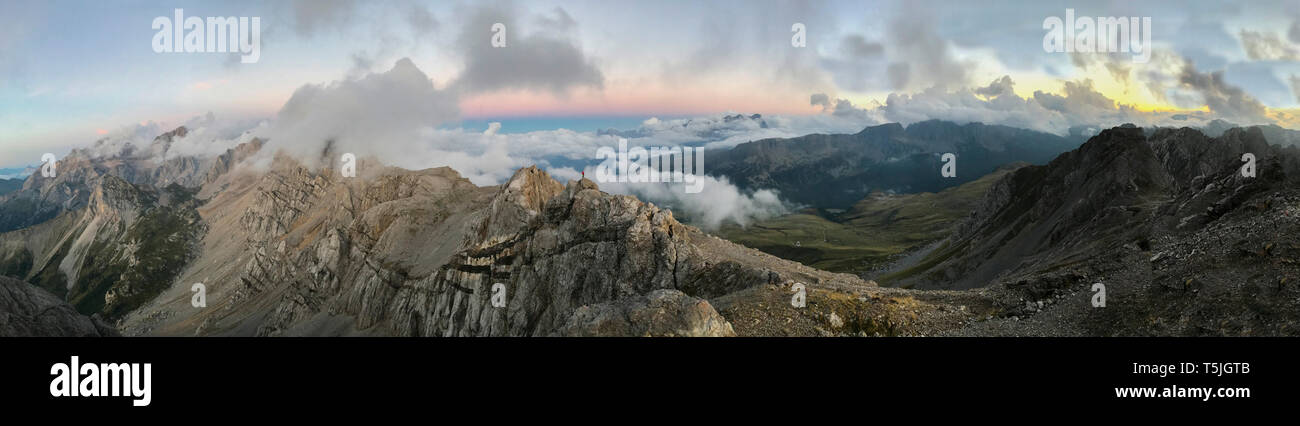 Italien, Venetien, Dolomiten, Alta Via Bepi Zac, Sonnenuntergang auf Pale di San Martino Stockfoto