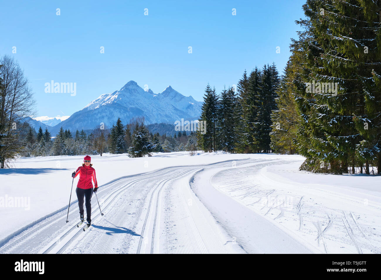 Deutschland, Bayern, Wallgau, Isartal, Canada Trail, Langläufer im Winter Landschaft kreuz Stockfoto