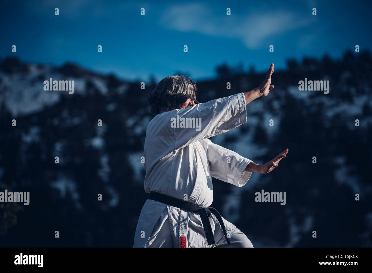 Ältere Menschen üben Karate im Freien Stockfoto