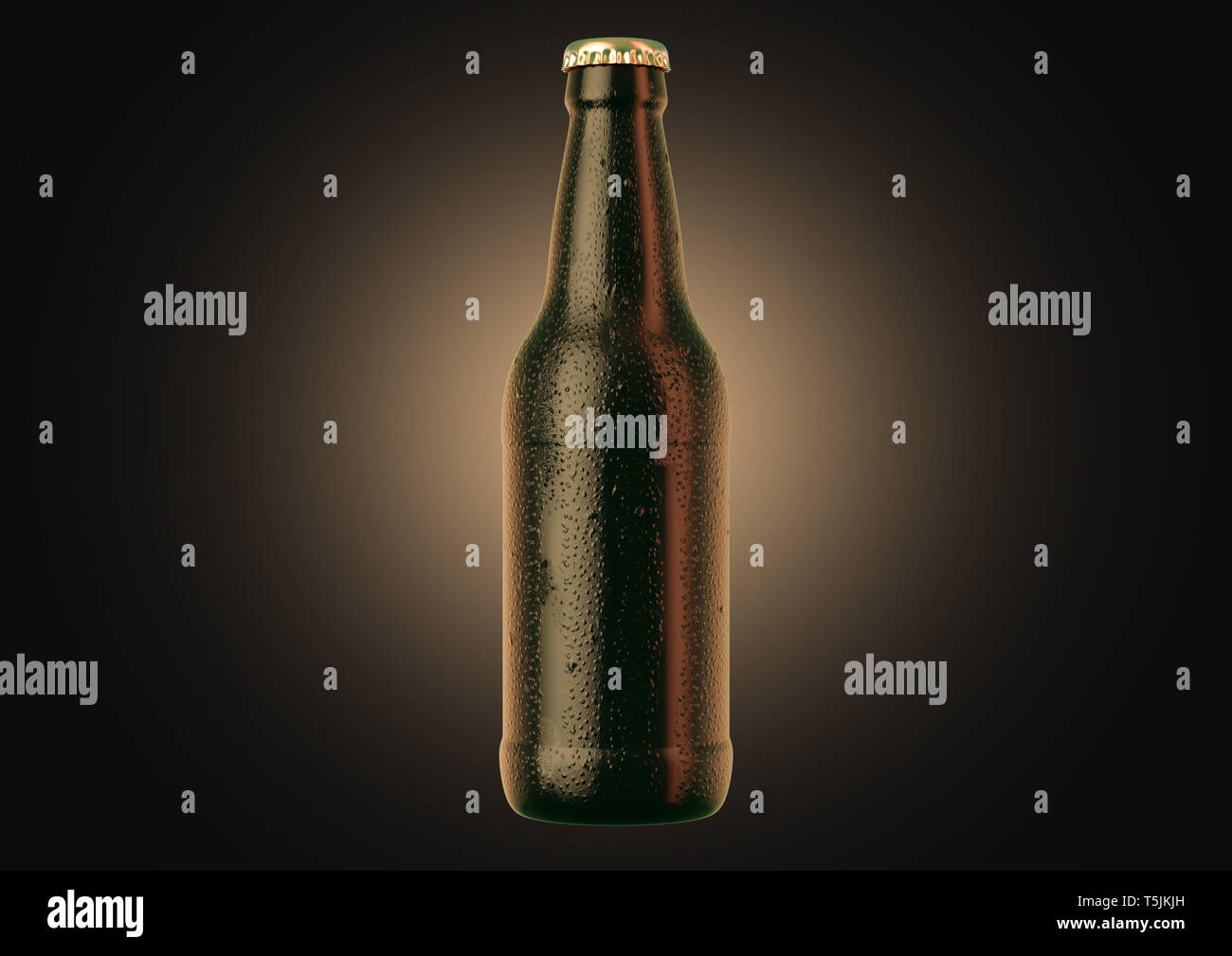 Eine braune Bernstein Bier Flasche Wasser spritz und Kondensation Tropfen auf einem isolierten dunklen Studio Hintergrund - 3D-Render abgedeckt Stockfoto