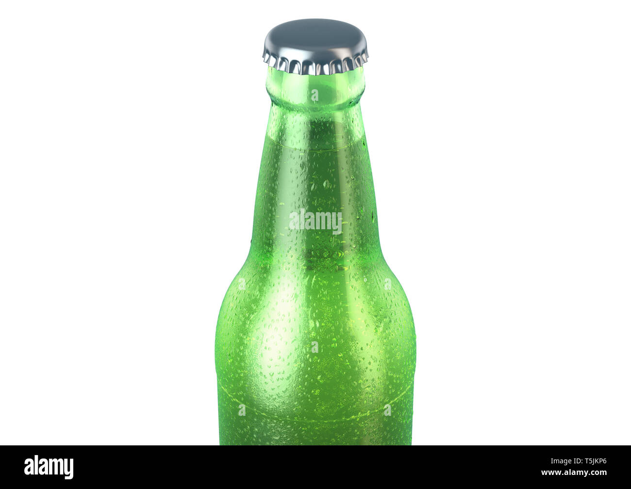 Ein grünes Glas Bier Flasche Wasser spritz und Kondensation Tropfen auf einem isolierten weißen studio Hintergrund - 3D-Render abgedeckt Stockfoto