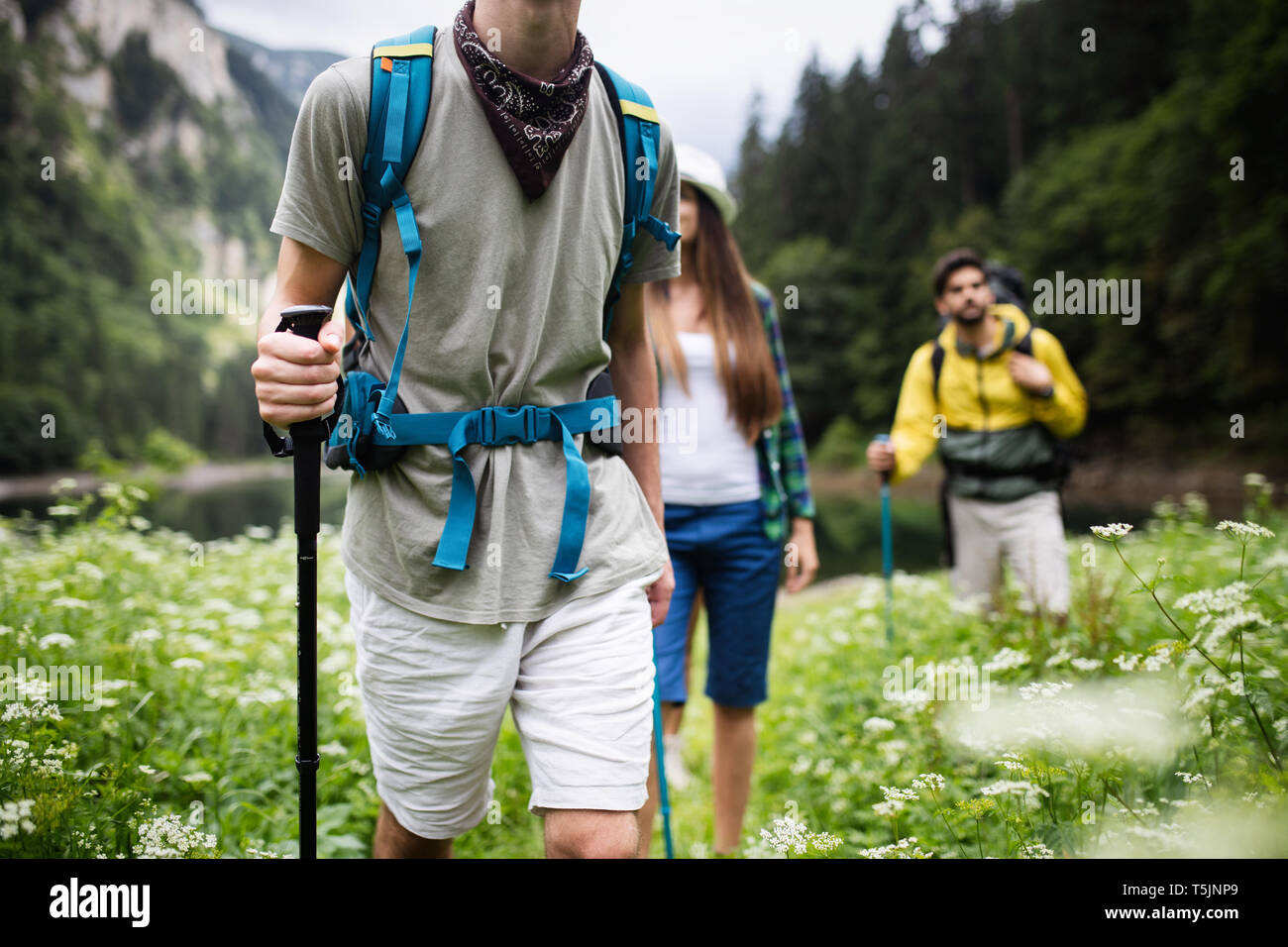 Wandern, Campen, Wandern, wilde Leben Konzept. Sind eine Gruppe von Freunden Wandern in der Natur Stockfoto