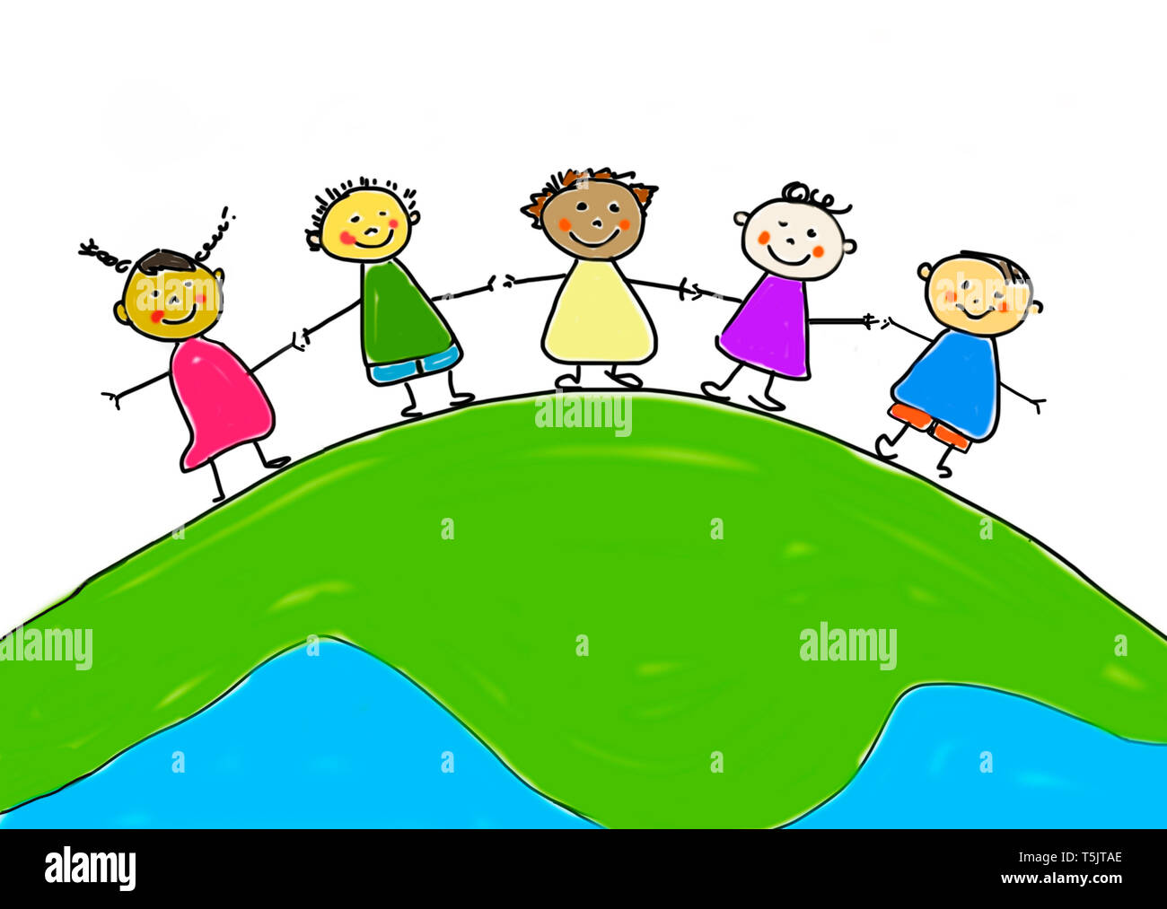 Kinder- zeichnung von fünf lächelnde Kinder Hand in Hand auf Mutter Erde Stockfoto
