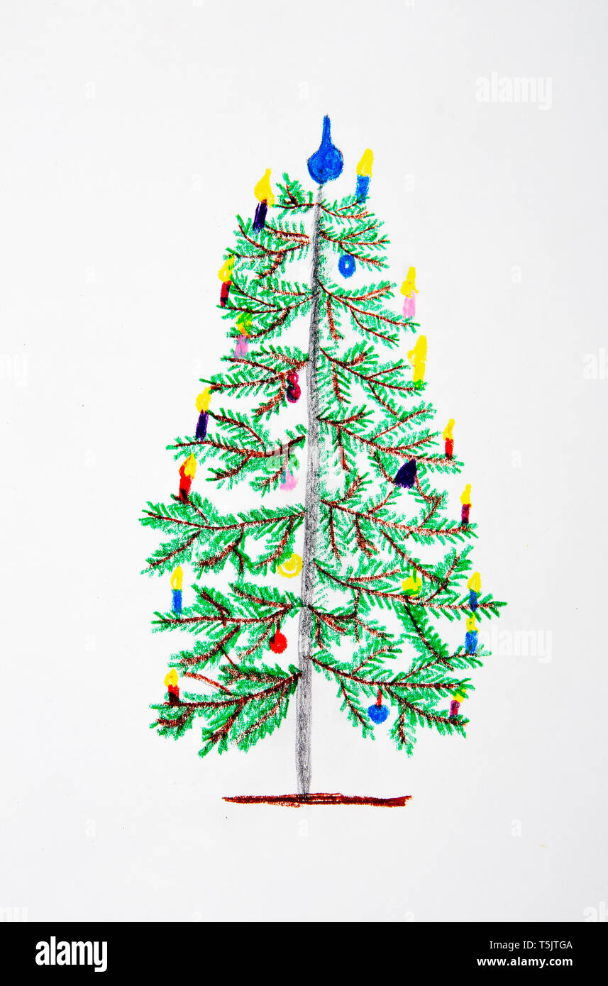 Kinder- zeichnung der geschmückten Weihnachtsbaum Stockfoto
