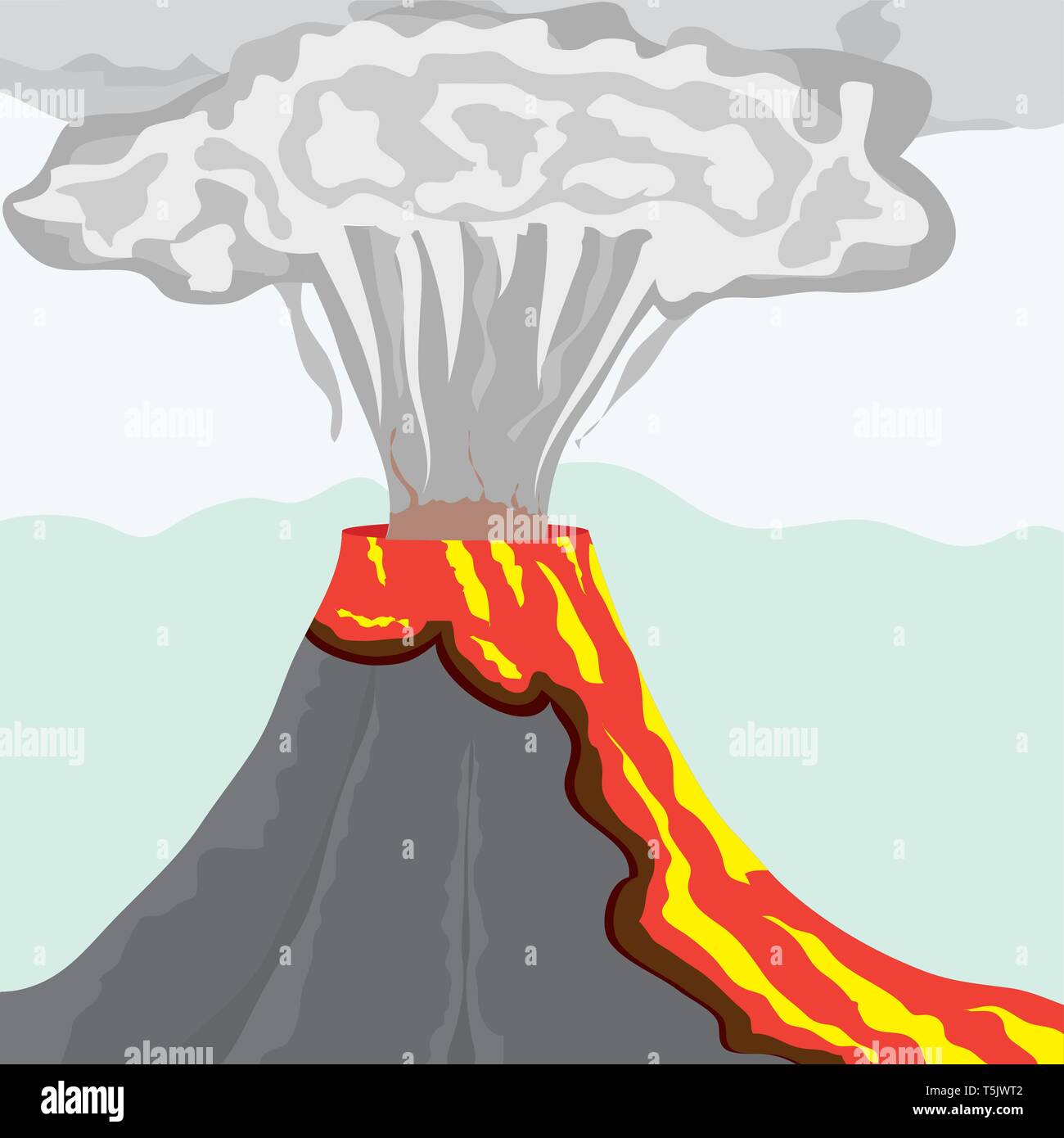 Rauchender Vulkan mit feurigen Lava und große Rauchsäule, Vector Illustration Stock Vektor