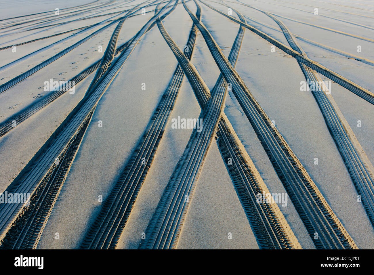 Spuren auf dem weichen Untergrund aus Sand am Strand. Stockfoto