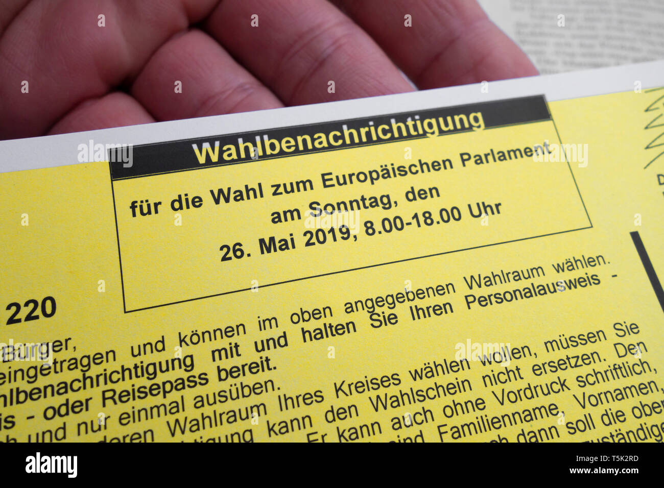 Wahl Benachrichtigung für die Wahl zum Europäischen Parlament am Sonntag, den 26. Mai 2019. Stockfoto