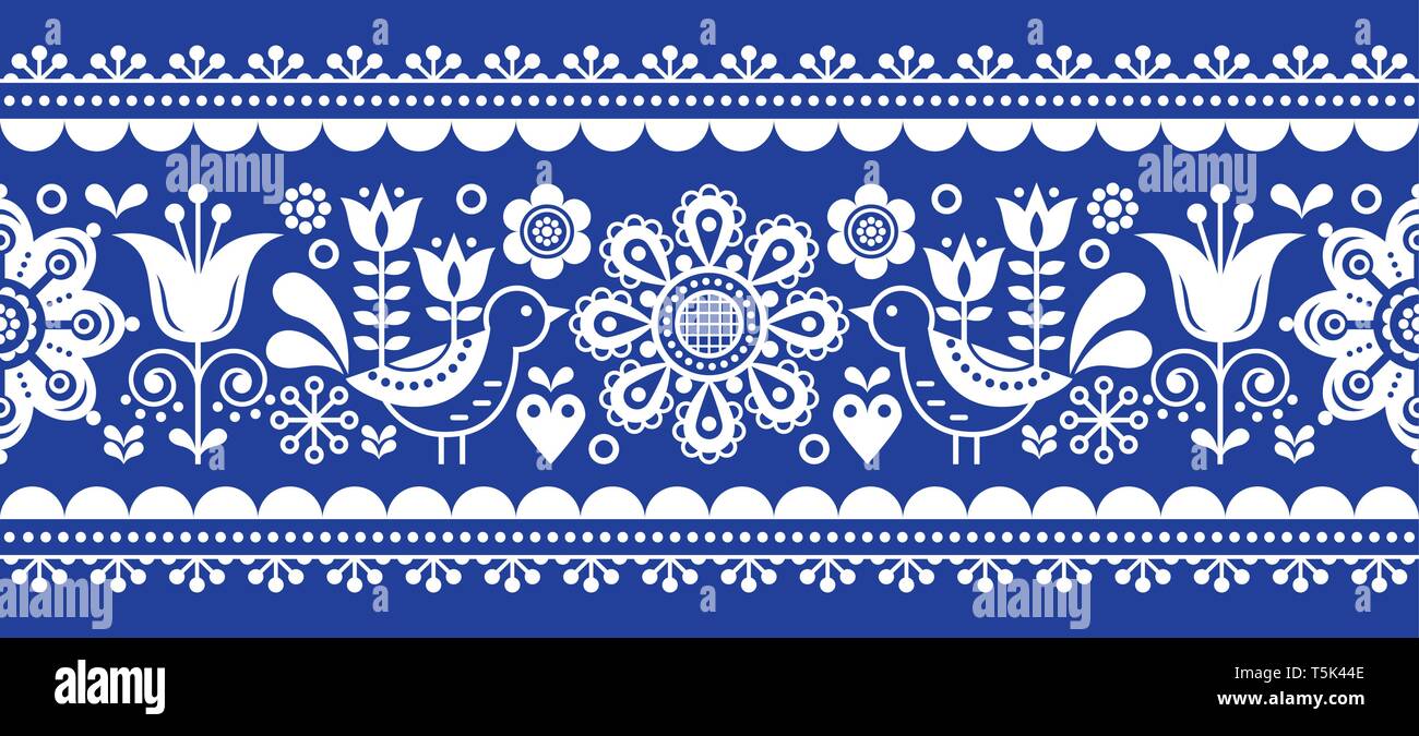 Skandinavische nahtlose Vektor Muster mit Blumen und Vögeln, Nordic Folk Art sich wiederholende in Weiß auf Marineblau. Retro floral background Inspiriert durch Stock Vektor