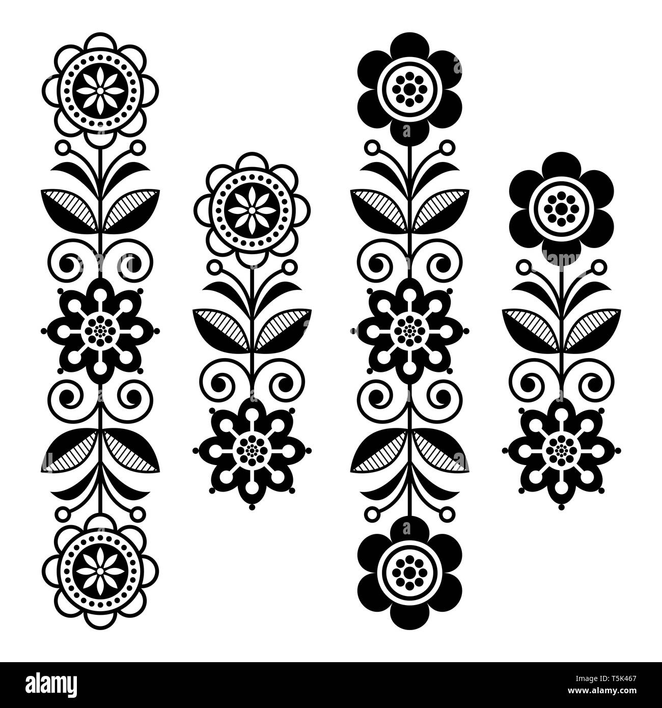 Skandinavische floral Design Elemente, Volkskunst Muster - lange Streifen in Schwarz und Weiß Stock Vektor