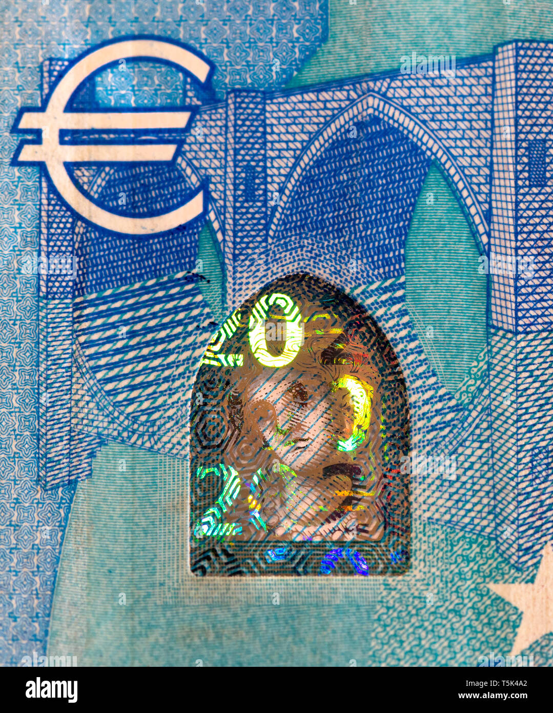 Zwanzig euro Bank Note mit Sicherheit Hologramm Nahaufnahme Detail Stockfoto