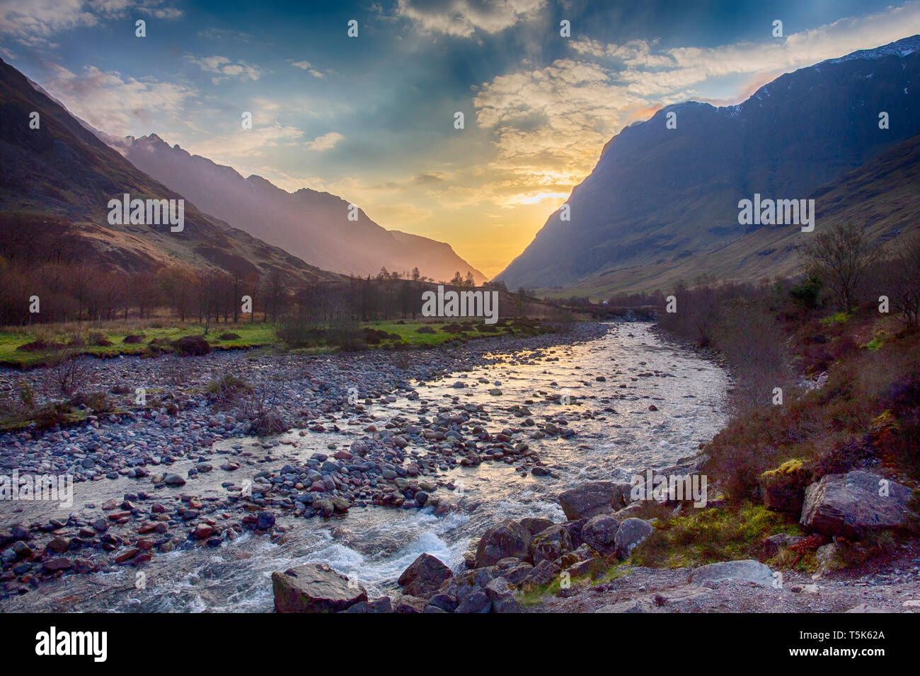 River Coe an Sunrisem Glen Coe Stockfoto