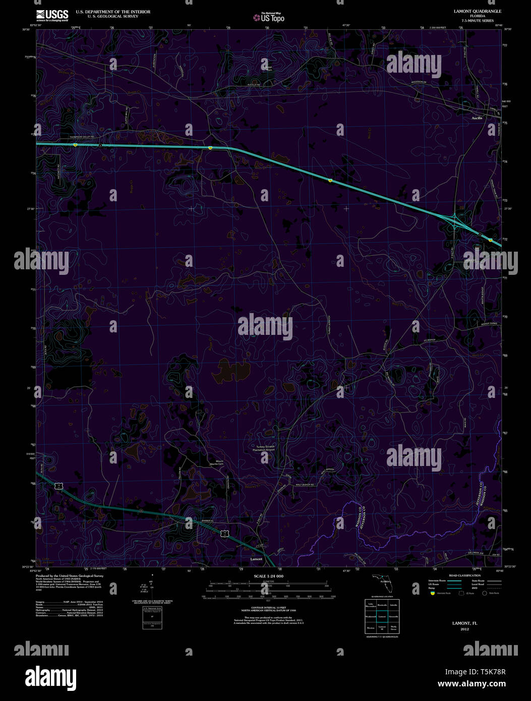 USGS TOPO Karte Florida FL Lamont 20120724 TM invertiert Wiederherstellung Stockfoto