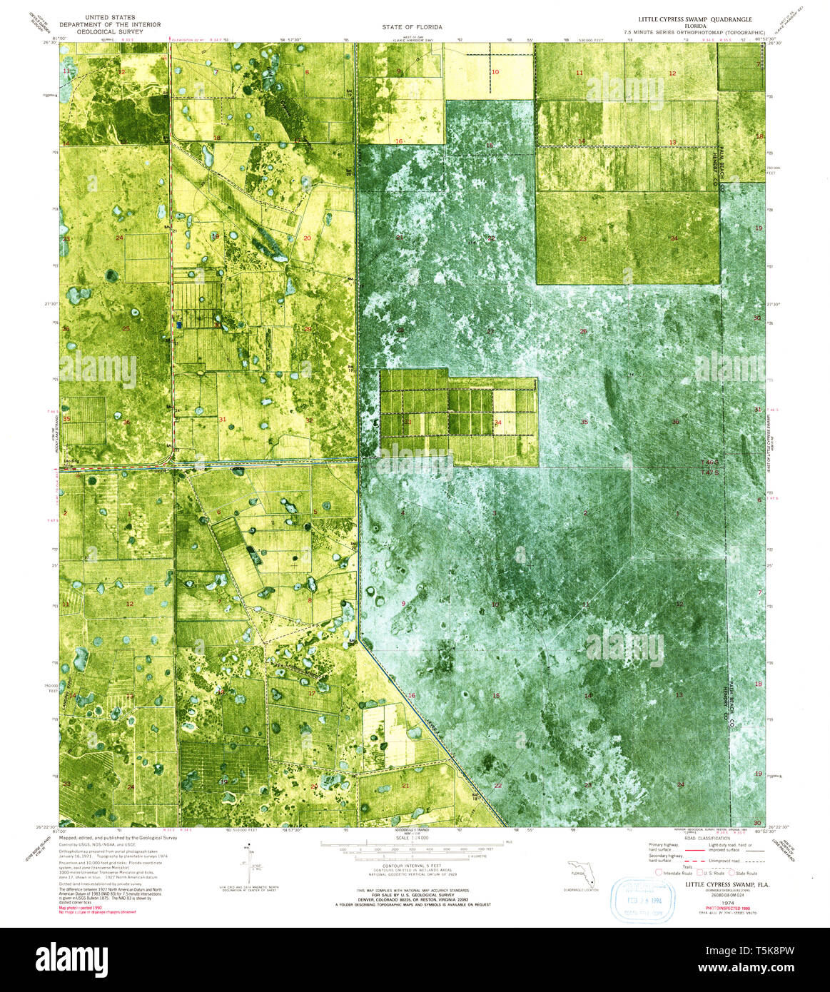 USGS TOPO Karte Florida FL wenig Cypress Swamp 347232 1974 24000 Wiederherstellung Stockfoto