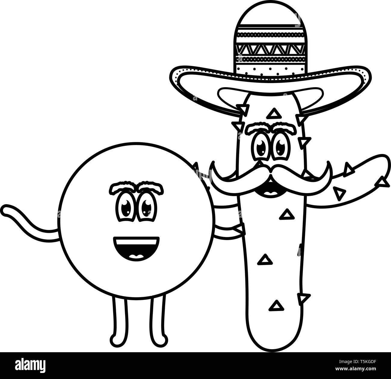 Mexikanische emoji mit Hut und Cactus Charakter Vector Illustration Design Stock Vektor