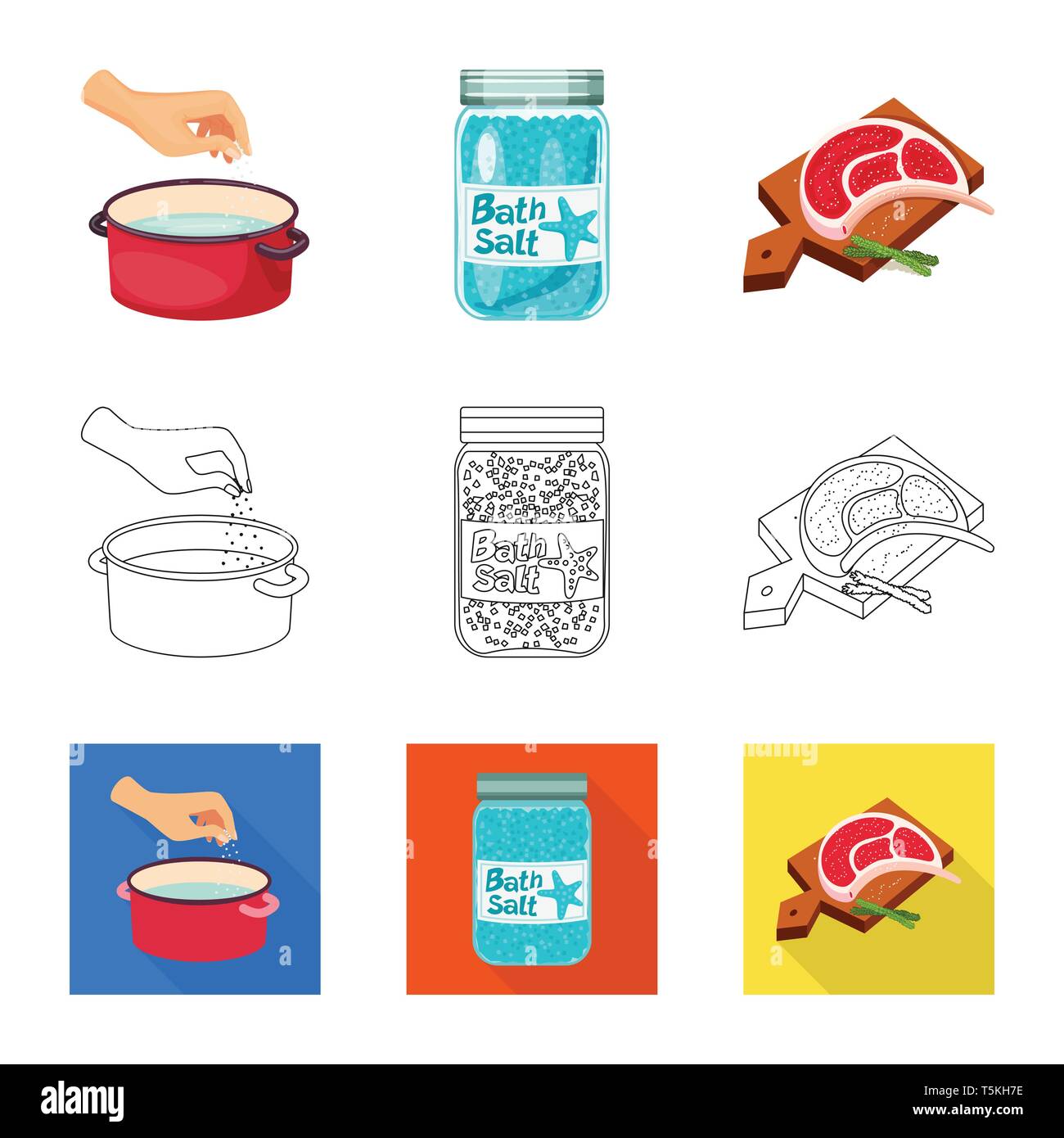 Kasserolle, Flasche, Fleisch, Wasser, salzig, Brett, Badewanne, arm, Spa, Restaurant, Gewürze, Vintage, Streuen, Pulver, weiß, Mehl, sauber, Container, Picknick, kochen, Meer, Natur, Backen, Salz, Nahrungsmittel-, Natrium-, Mineral, Raw, Küche, Set, Vector, Icon, Illustration, isoliert, Sammlung, Design, Element, Grafik, Zeichen, Vektor, Vektoren, Stock Vektor