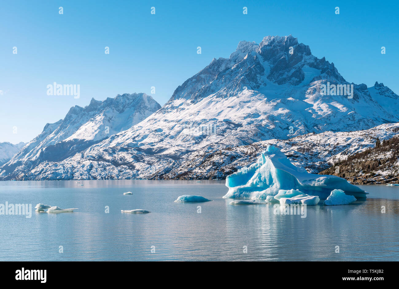 Eisberge am Lago Grey See im Winter mit den Paine Grande Peak im Hintergrund, Torres del Paine Nationalpark, Patagonien, Chile. Stockfoto