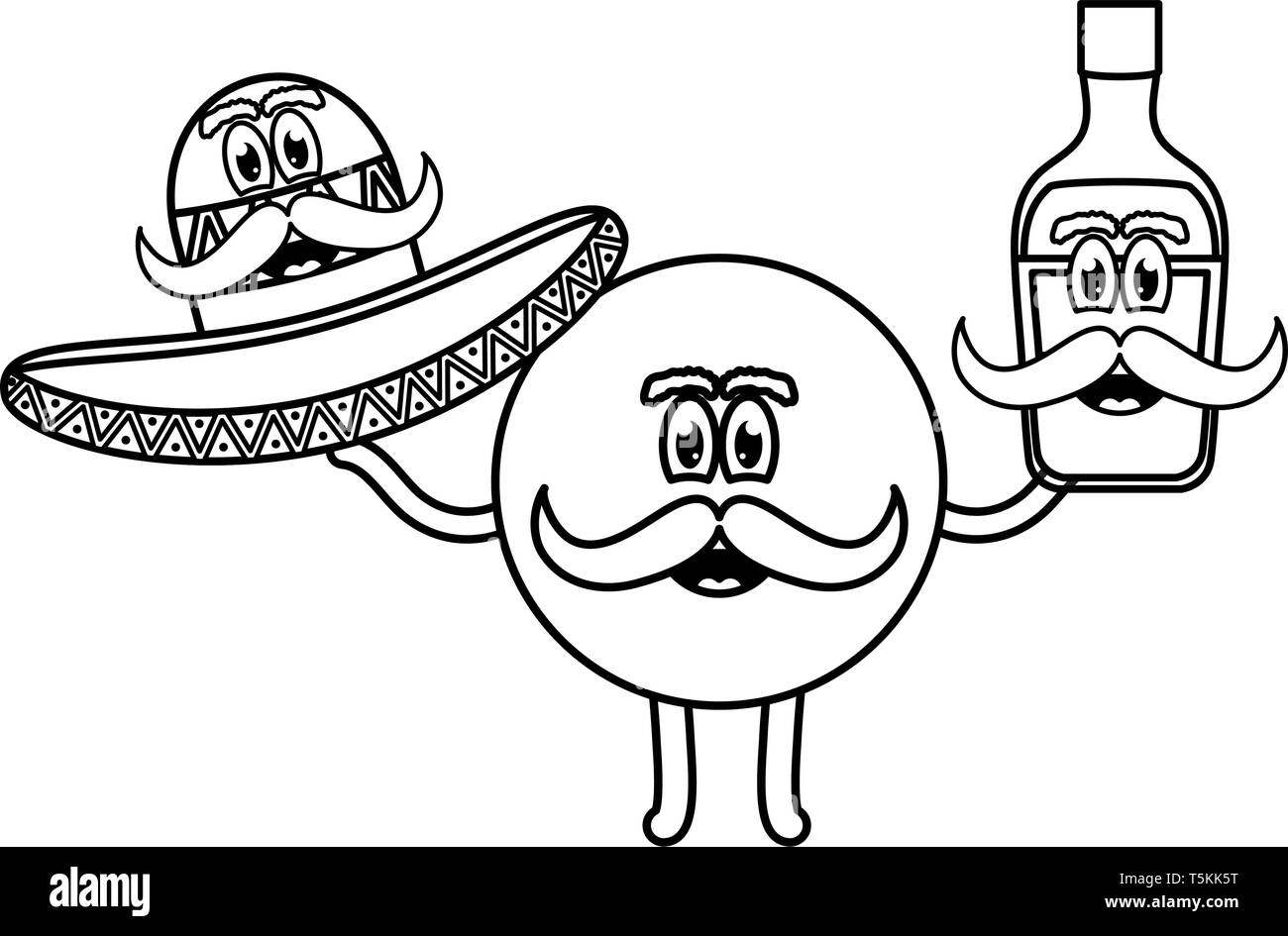 Mexikanische emoji mit Hut und tequila Flasche Vector Illustration Design Stock Vektor