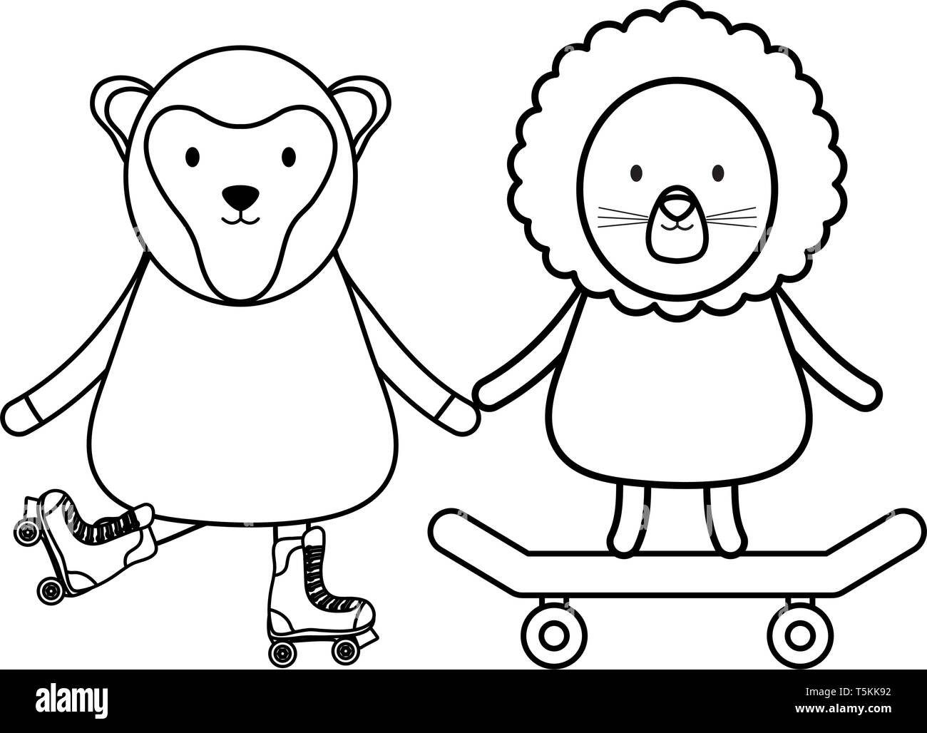 Nette skater Löwe mit Affen in Skates kindisch Zeichen Vector Illustration Design Stock Vektor