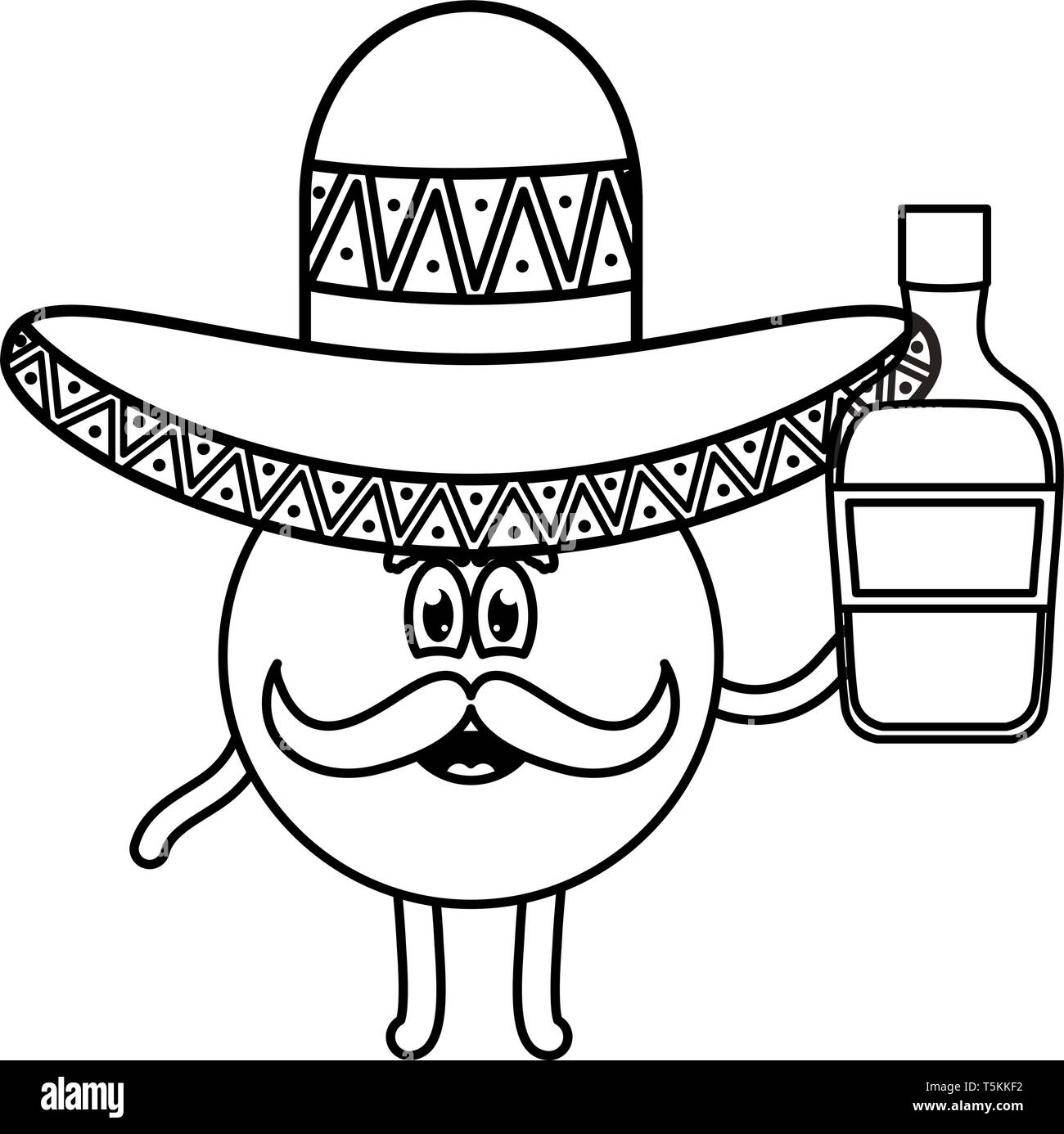 Mexikanische emoji mit Hut und tequila Flasche Vector Illustration Design Stock Vektor