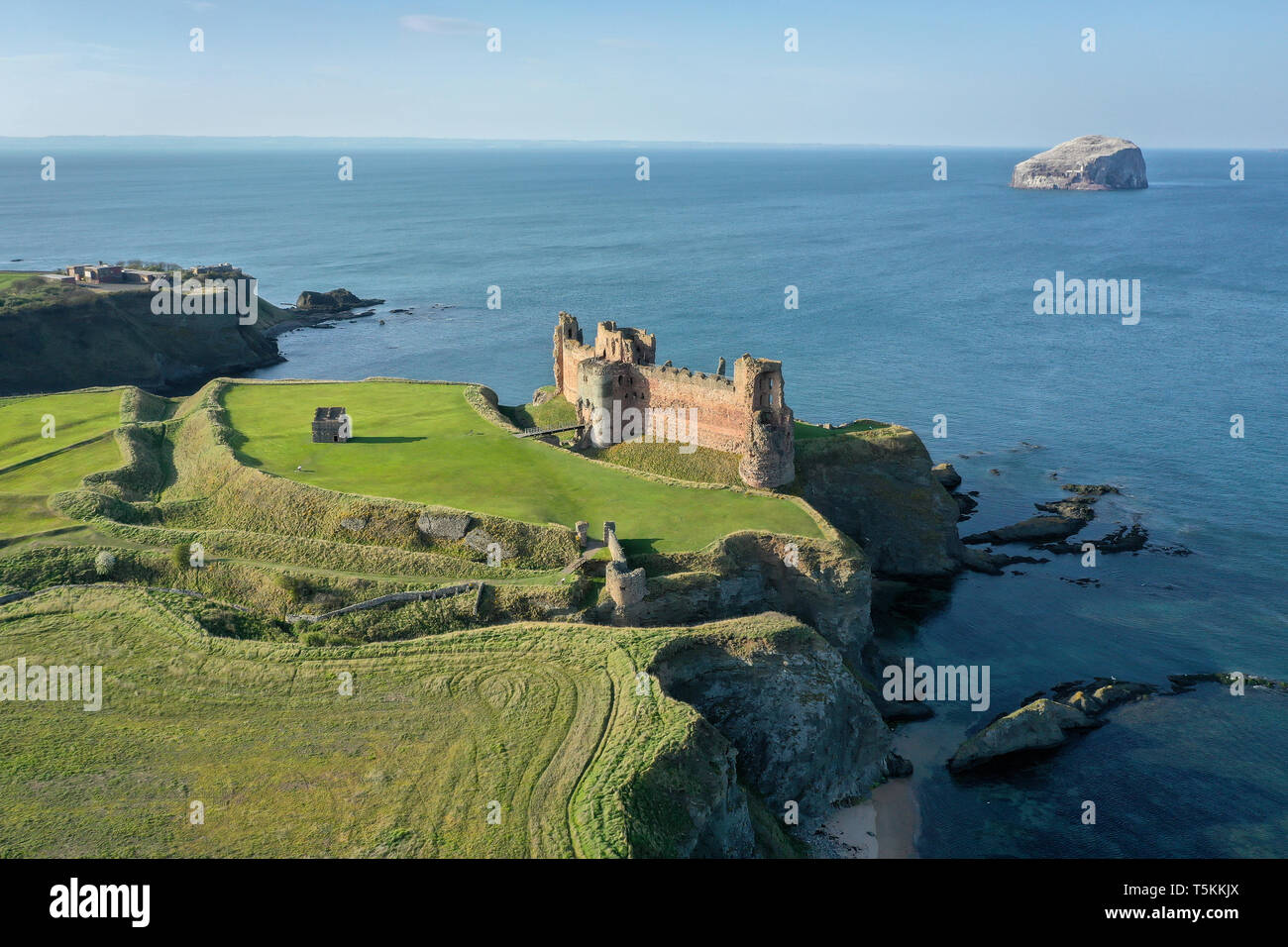 Eine Luftaufnahme von Tantallon Castle mit Craigleith Insel im Hintergrund, an einem sonnigen Tag in der Nähe von North Berwick, East Lothian, Schottland Stockfoto