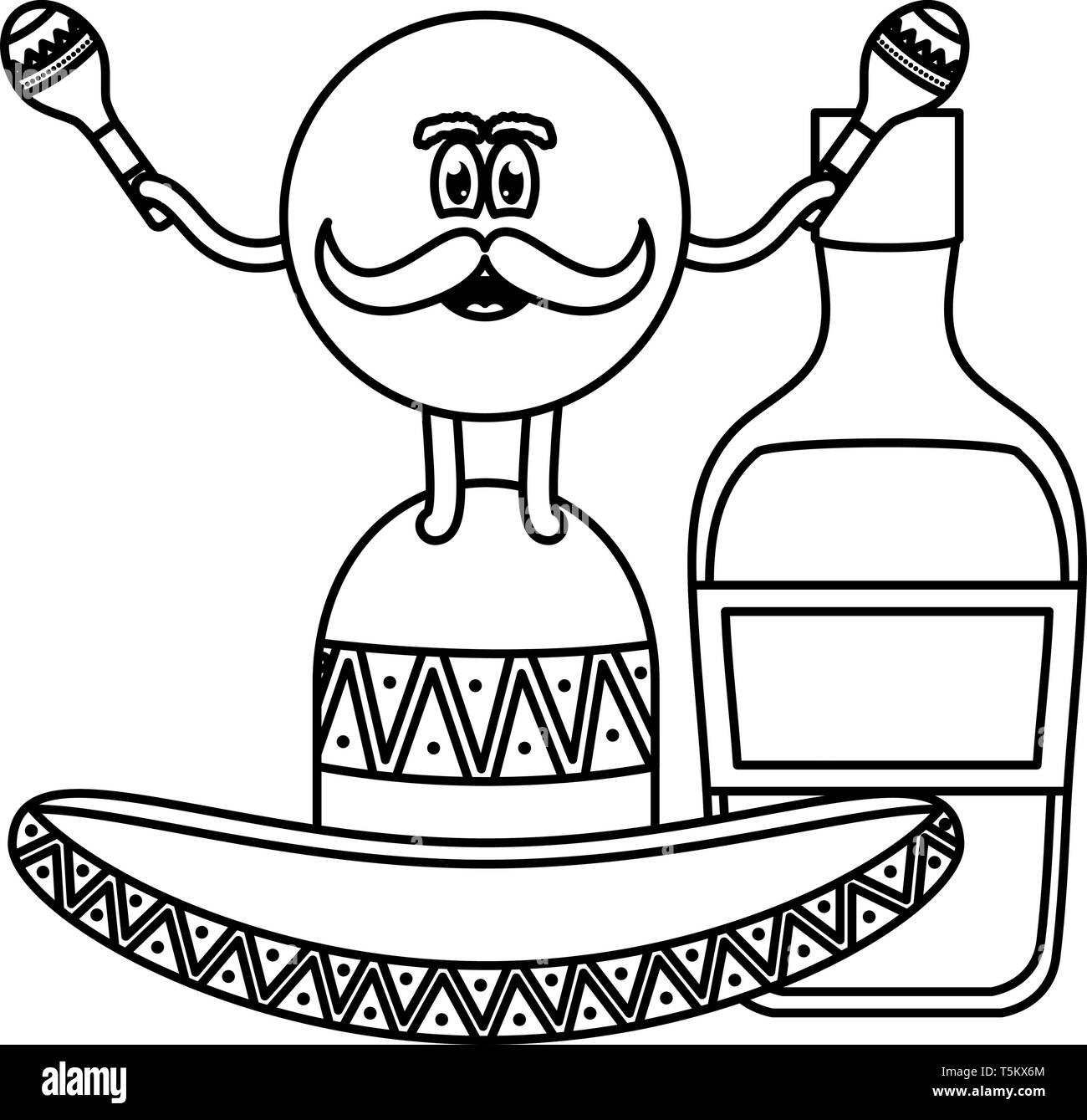 Mexikanische emoji mit Hut und tequila Flasche Vector Illustration Design Stock Vektor