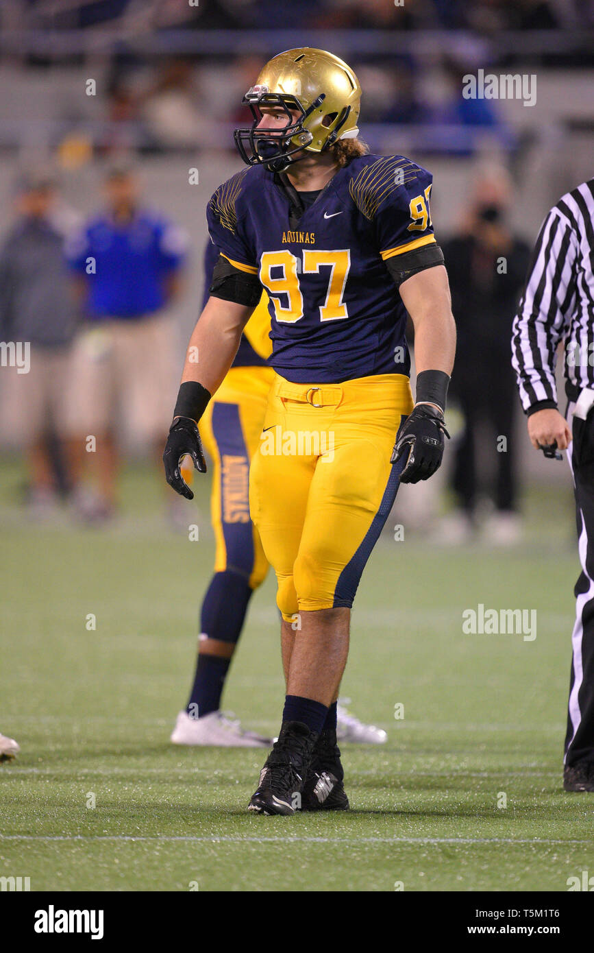 Dezember 12, 2014 - Orlando, Florida, USA - St. Thomas von Aquin defensive lineman Nicholas (Nick) Bosa (97) Während der Florida State High School Class 7 der Staat Meisterschaftspiel bei den Citrus Bowl am Dez. 12, 2014 in Orlando, Florida. Bosa, der an der Ohio State College Football zu spielen, wird erwartet, um in der Spitze der NFL Draft zu sein ...Â© 2014 Scott Miller, A., (Credit Bild: © Scott Miller, A./ZUMA Draht) Stockfoto