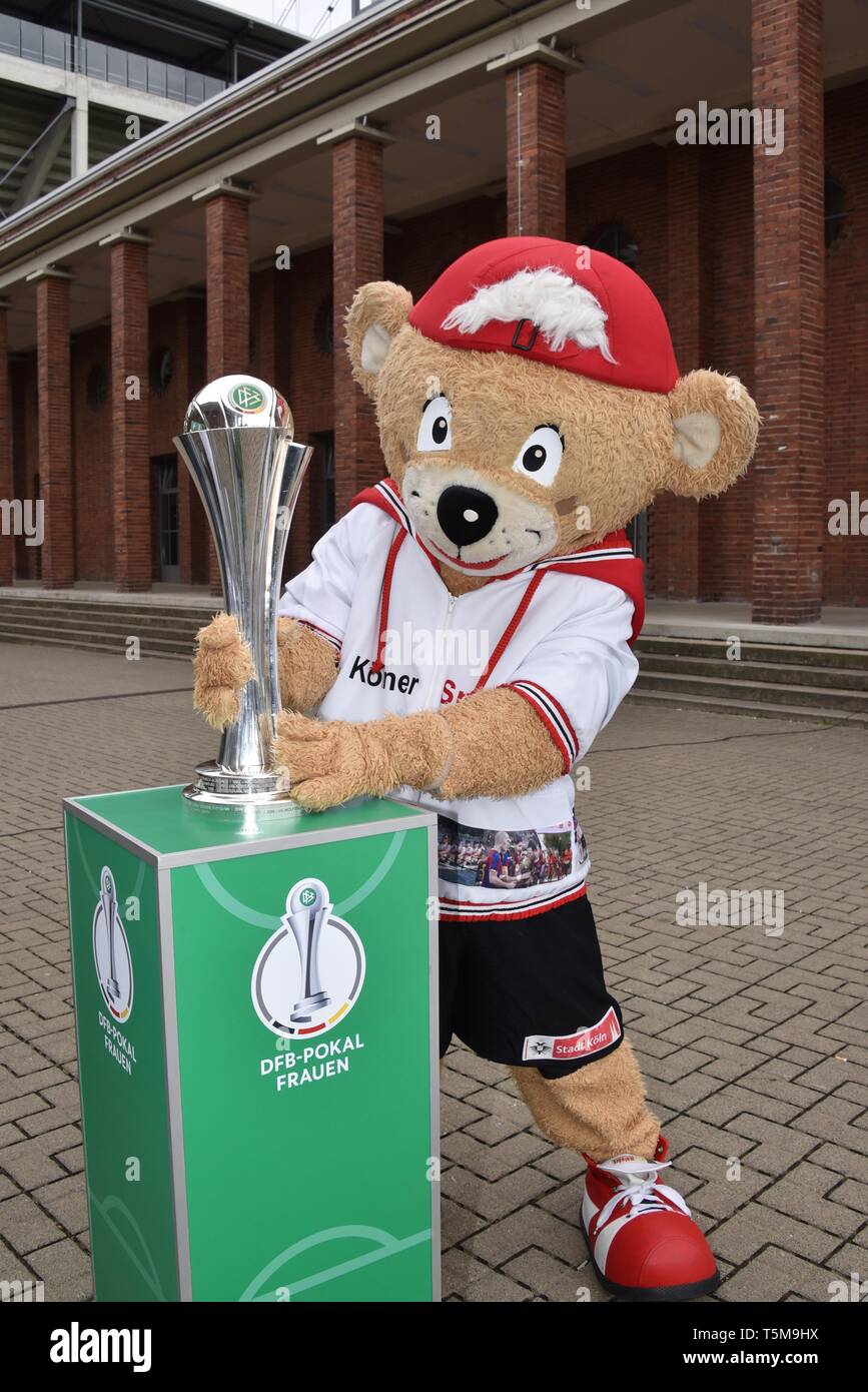 Köln, Deutschland. 25 Apr, 2019. Die Kölner sport Maskottchen Trops vor der DFB-Frauen Fußball-Cup stellt auf einer Pressekonferenz für den Lüfter und die Familie Festival auf der Vorderseite des Rheinenergiestadion, die als Begleitprogramm am 01.05.2019 vor dem DFB-Pokal Finale in Köln. Credit: Horst Galuschka/dpa/Alamy leben Nachrichten Stockfoto