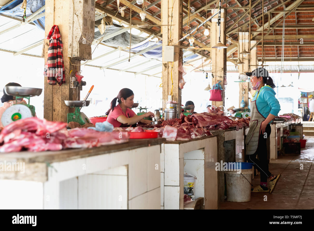 Zwei Frauen sprechen über Stapel von rohem Fleisch an einem Fleischmarkt in SaPa Vietnam, Asien Stockfoto