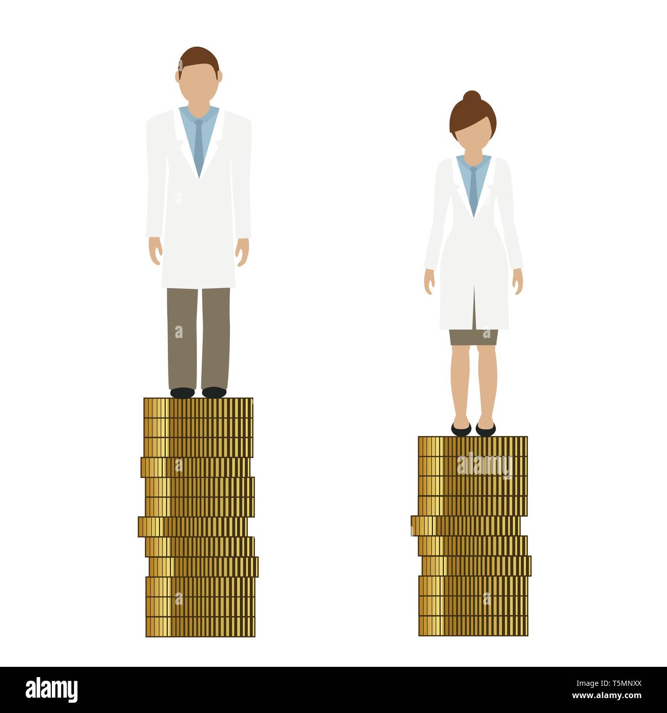 Frau verdient weniger Geld als Mann Arzt diskriminiert Vektor-illustration EPS 10. Stock Vektor