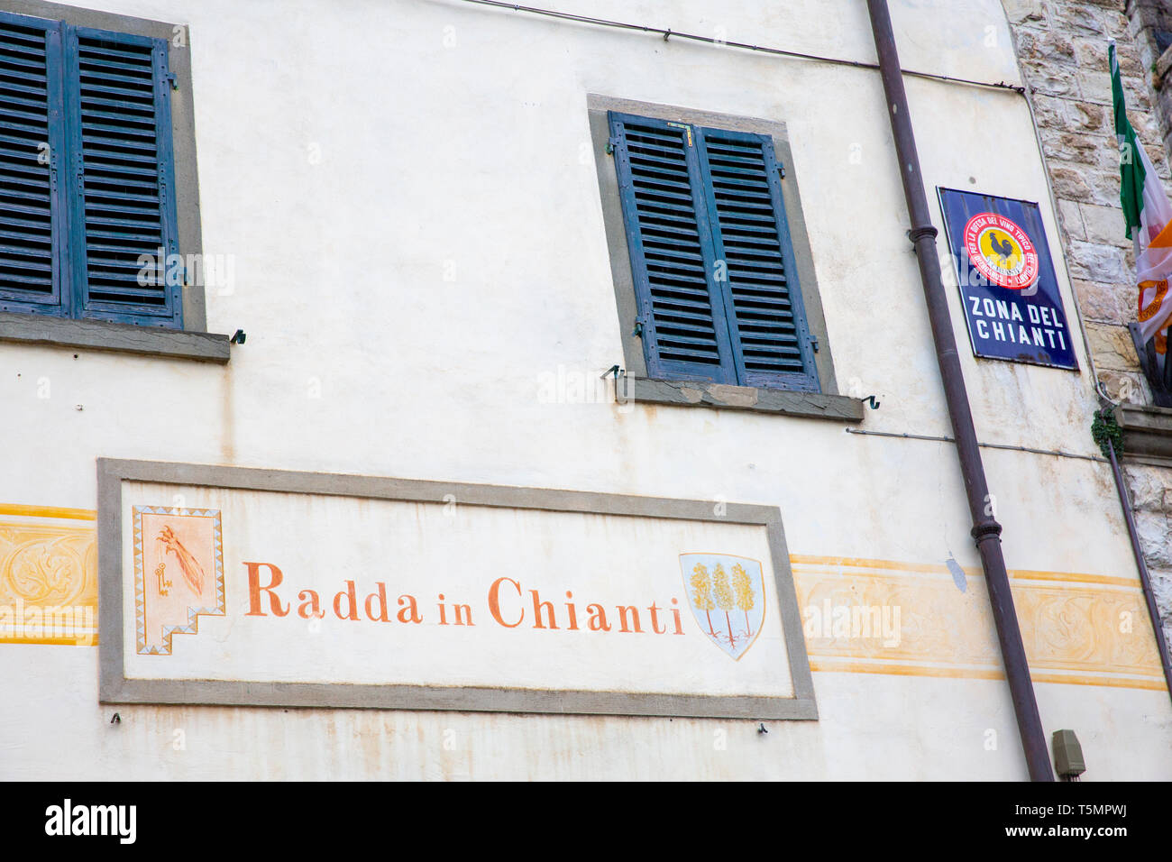 Straßenschild für das Dorf Stadt von Radda in Chianti, eine Gemeinde in der Provinz von Siena, Toskana, Italien Stockfoto