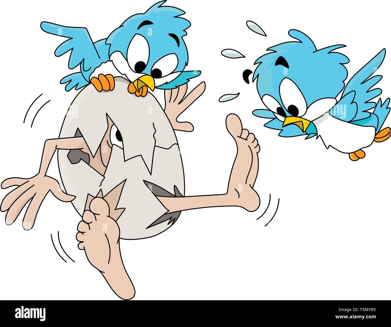 Cartoon mann Schlüpfen aus dem Ei mit überrascht blauen Vögel um Vector Illustration Stock Vektor