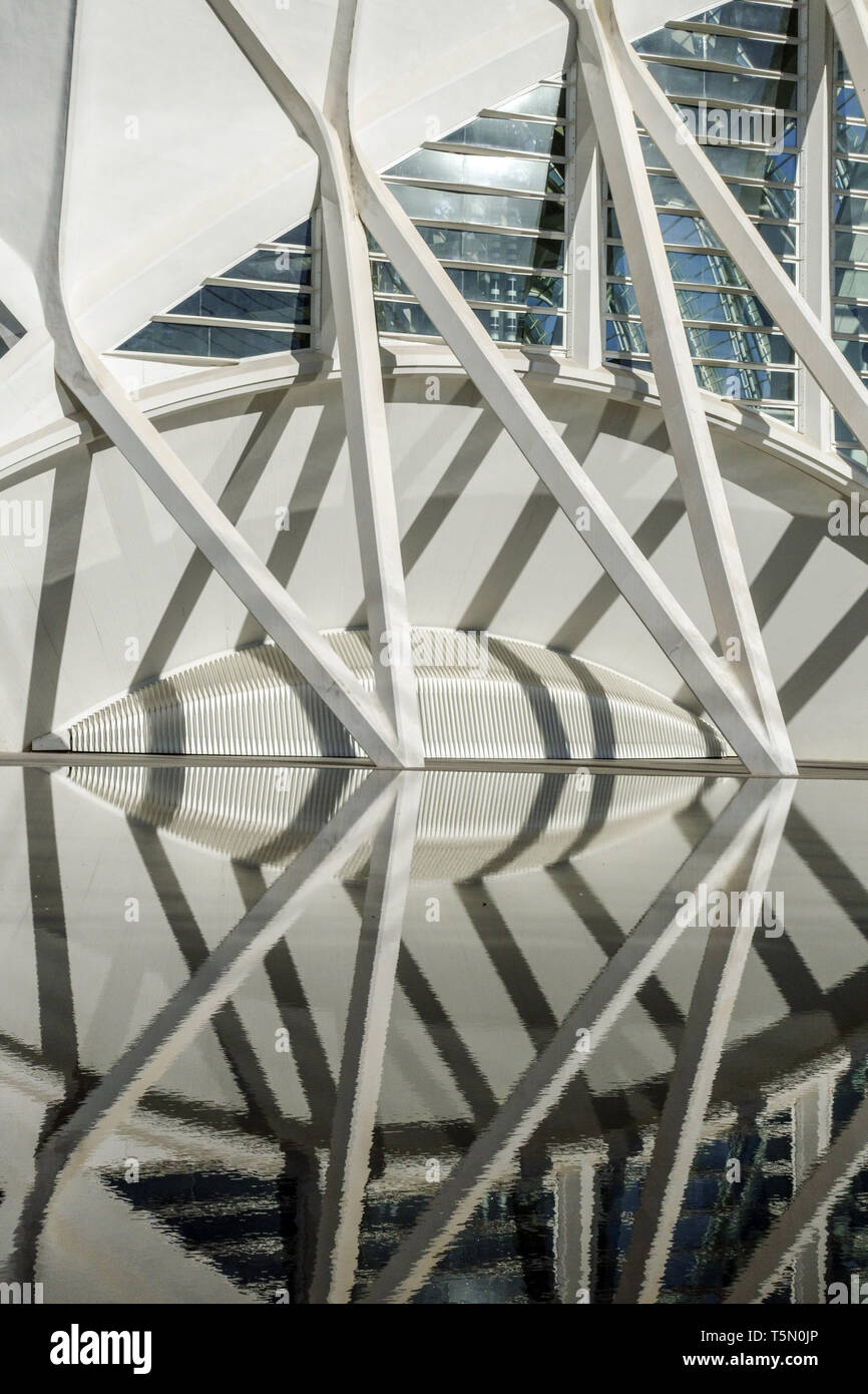 Spanien, Europa, Valencia, Stadt der Künste und Wissenschaft, Calatrava, moderne Architektur Außenansicht, futuristisch zeitgenössisch, Struktur Valencia Wissenschaftsmuseum Stockfoto