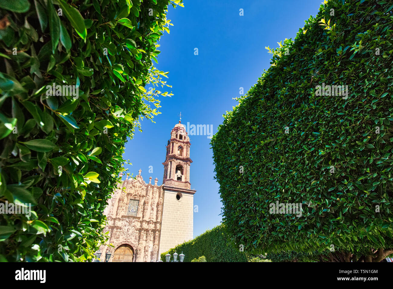 Eingang der Templo de San Francisco (San Francisco Tempel) im historischen Zentrum von San Miguel de Allende Stockfoto