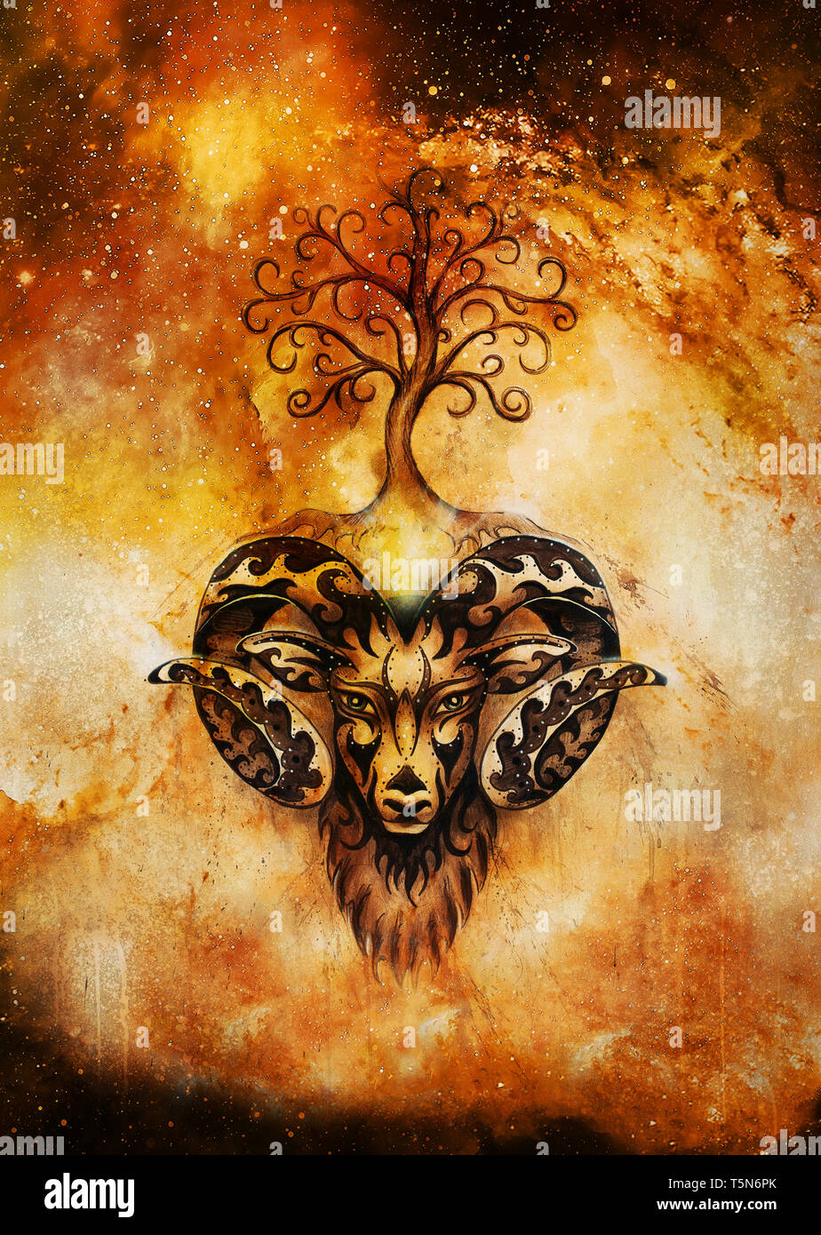 Bemalung von Widder, heiliges Tier Symbol und Baum des Lebens im kosmischen Raum. Stockfoto