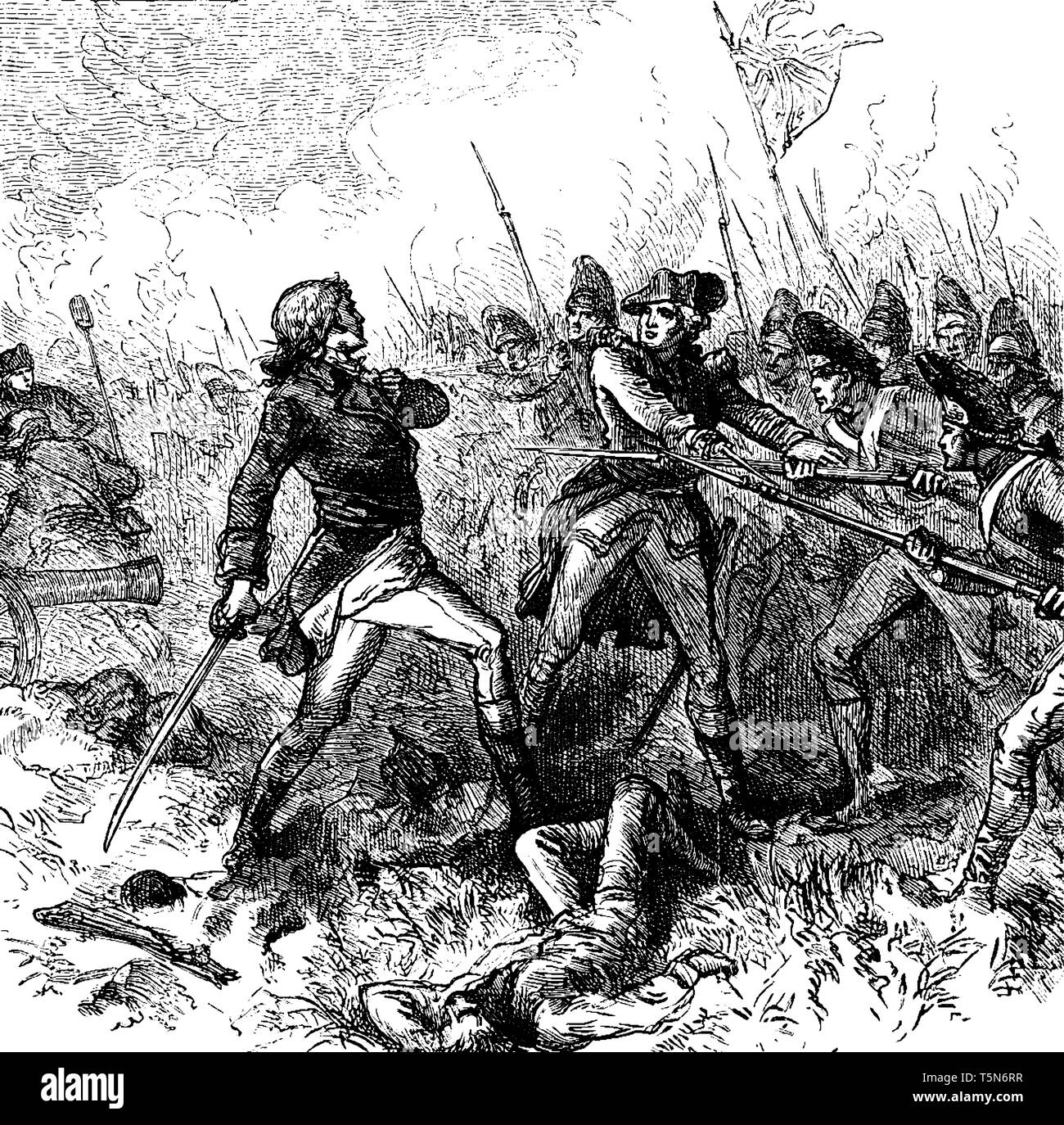 John callendar, der die Artillerie an Etagenbetten Hill geboten hat, die von einem britischen Offizier gespeichert, vintage Strichzeichnung oder Gravur Abbildung. Stock Vektor