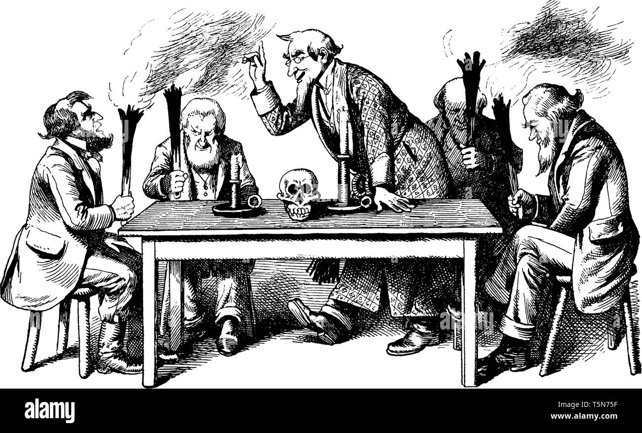Fünf Männer sitzen um den Tisch und halten Fackeln, vintage Strichzeichnung oder Gravur Abbildung Stock Vektor