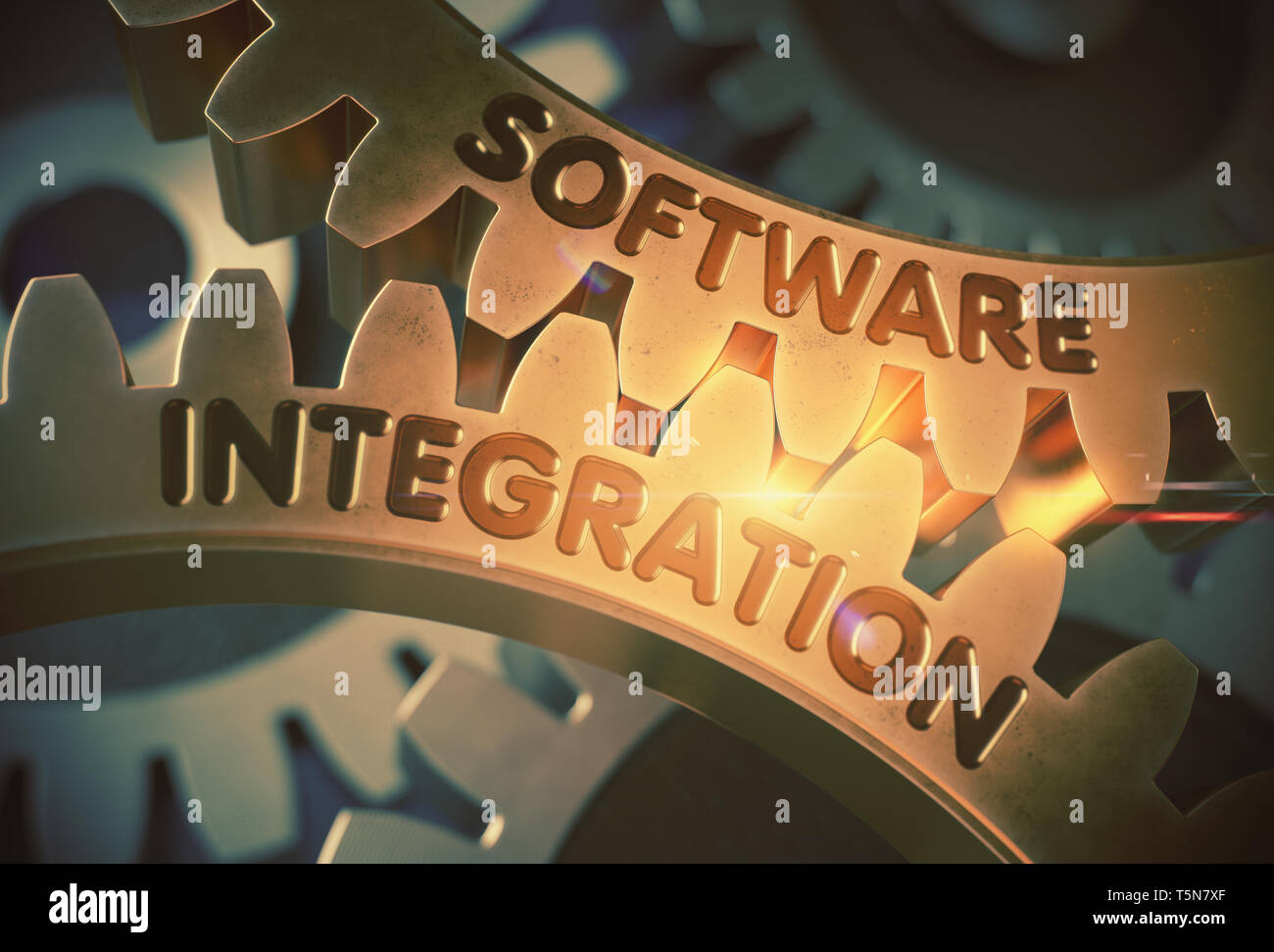 Software Integration auf dem goldenen Zahnrad Zahnräder. Software Integration - Abbildung mit glühenden Licht Effekt. 3D-Rendering. Stockfoto