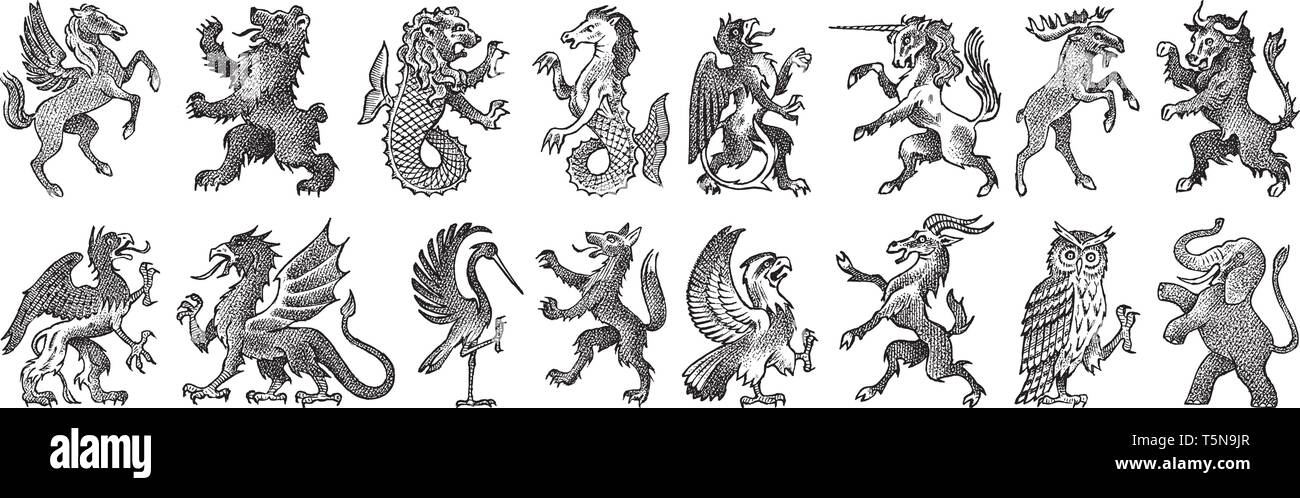 Tiere für die Heraldik im Vintage Style. Gravierte Wappen mit Vögeln, Fabelwesen, Fisch, Drache, Einhorn, Löwe. Mittelalterliche Embleme und die Stock Vektor