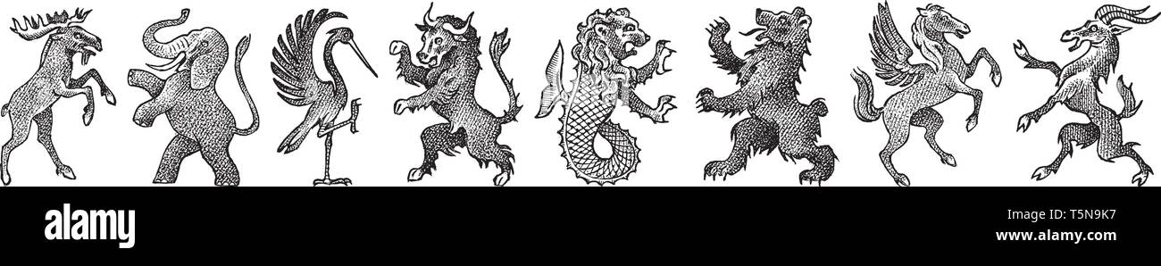 Tiere für die Heraldik im Vintage Style. Gravierte Wappen mit Vögeln, Fabelwesen, Fisch, Drache, Einhorn, Löwe. Mittelalterliche Embleme und die Stock Vektor