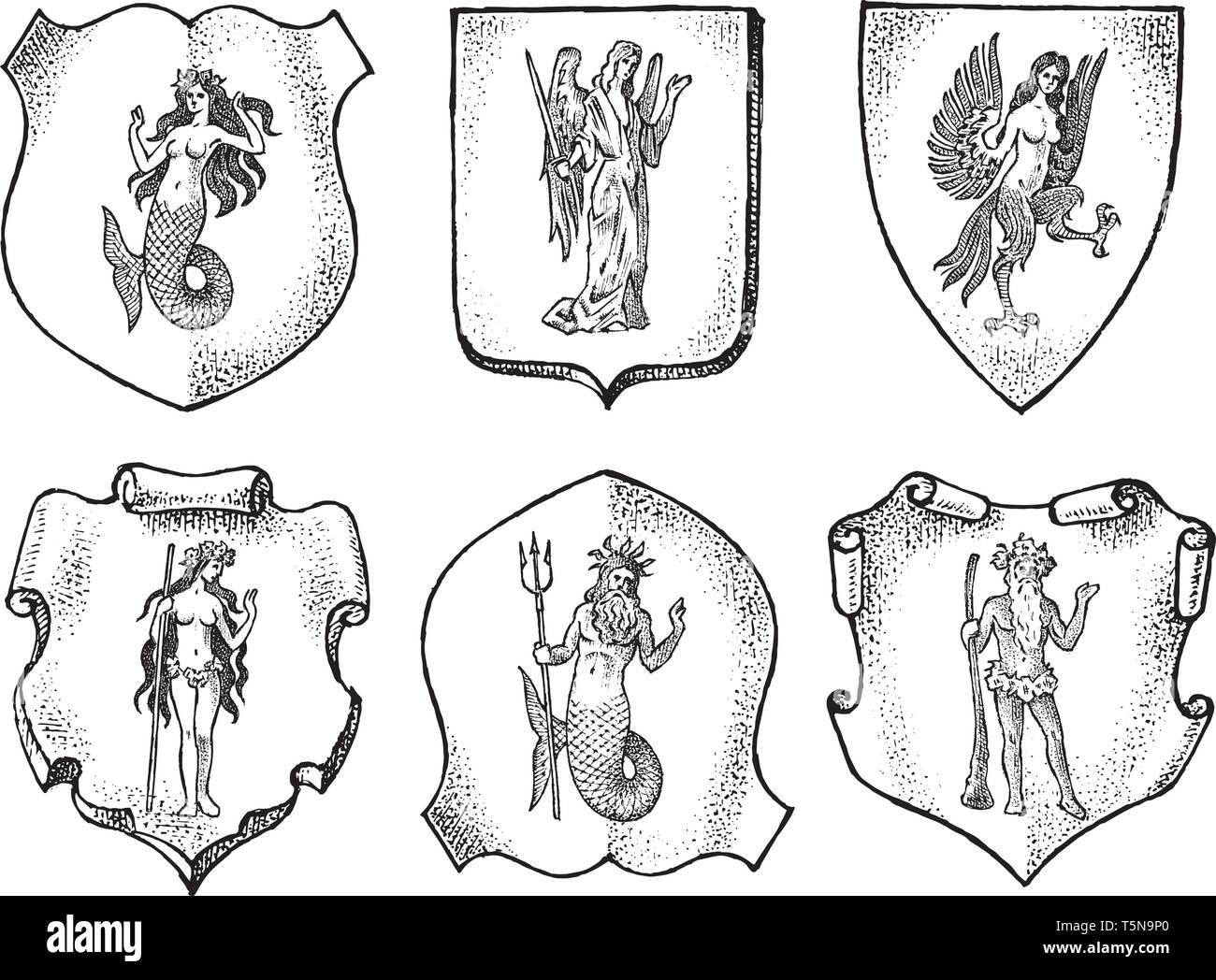 Heraldik im Vintage Style. Gravierte Wappen mit Tieren, Vögel, Tiere, Fabelwesen, Fisch, Drache, Einhorn, Löwe. Mittelalterliche Wappen und Logo Stock Vektor