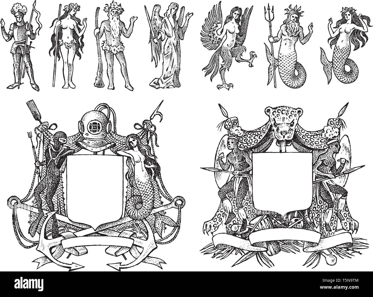 Heraldik im Vintage Style. Gravierte Wappen mit Tieren, Vögel, Tiere, Fabelwesen, Fisch, Drache, Einhorn, Löwe. Mittelalterliche Wappen und Logo Stock Vektor