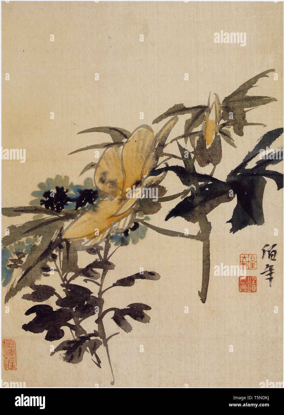 Qing Dynastie Ren Bonian Blume und Vogel Malerei Album Stockfoto