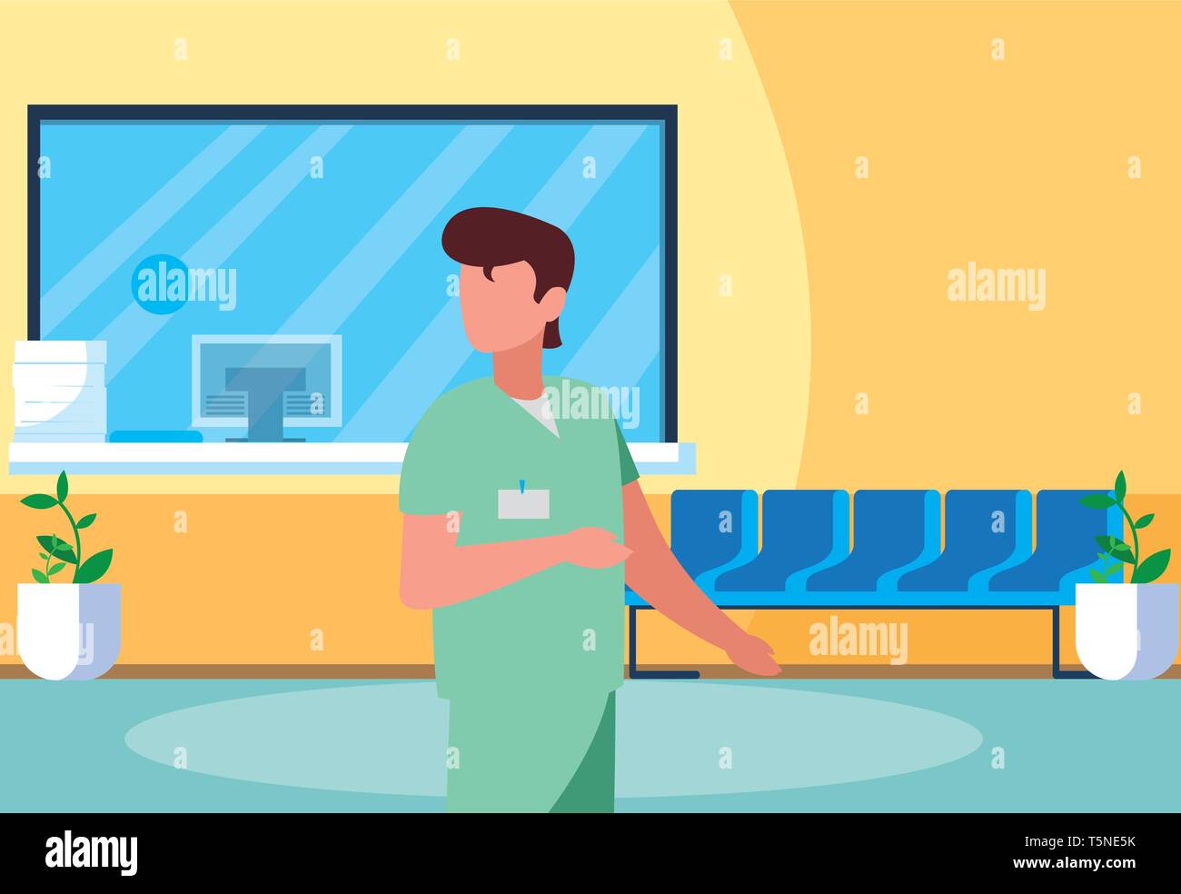 Männliche Medizin Arbeiter mit der Uniform im Krankenhaus Rezeption Vector Illustration Design Stock Vektor