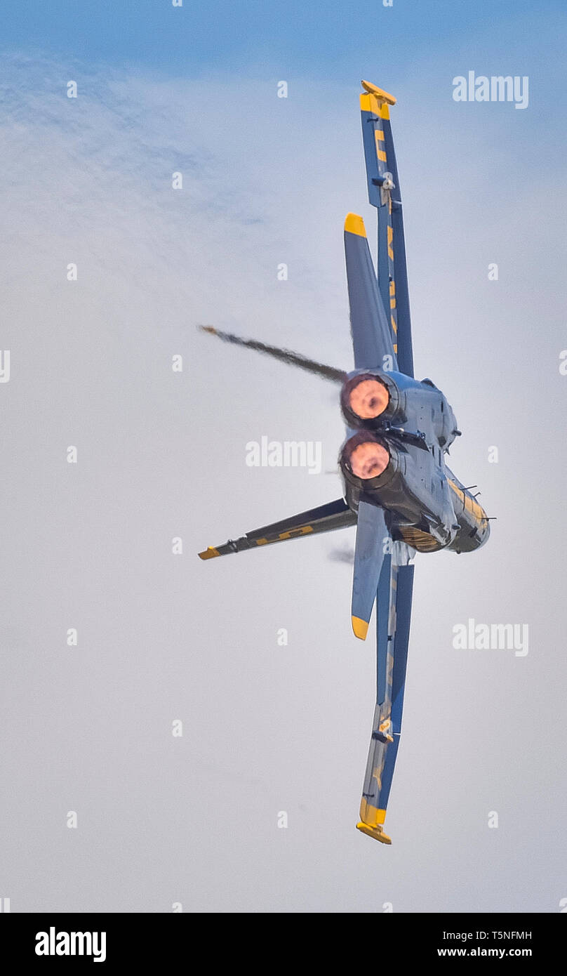 190423-N-UK 306-2298 Pensacola, Fla. (April 23, 2019) Lead solo Pilot Lt.Cmdr. Brandon Hempler, zu der US-Navy Flight Demonstration Squadron, die Blue Angels zugewiesen, führt die "Minimum - Radius Drehen"-Manöver während einer Praxis Demonstration am Naval Air Station (NAS) Pensacola. Das Team wird voraussichtlich 61 Flugvorführungen an 32 Standorten im Land der Stolz und die Professionalität der US Navy und Marine Corps zur Schau zu stellen, die amerikanische Öffentlichkeit auf die im Jahr 2019 durchzuführen. (U.S. Marine Foto von Mass Communication Specialist 2. Klasse Timothy Schumaker/Freigegeben) Stockfoto