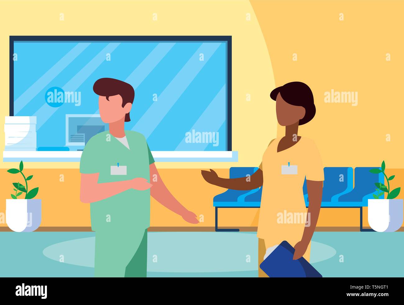 Interracial Paar Medizin Arbeitnehmer in Empfang Krankenhaus Vector Illustration Design Stock Vektor