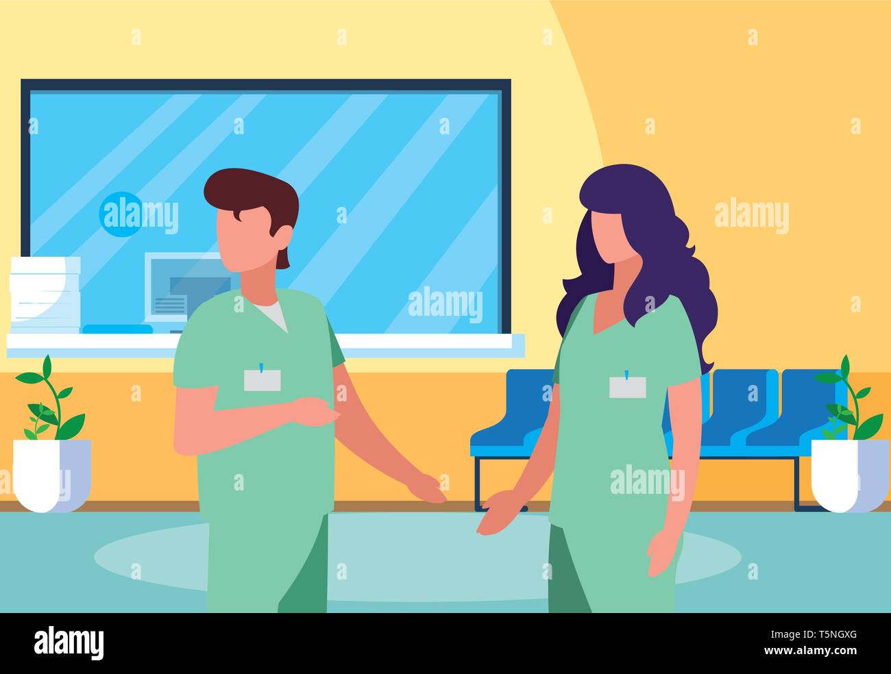 Paar Medizin Arbeiter im Krankenhaus Rezeption Vector Illustration Design Stock Vektor