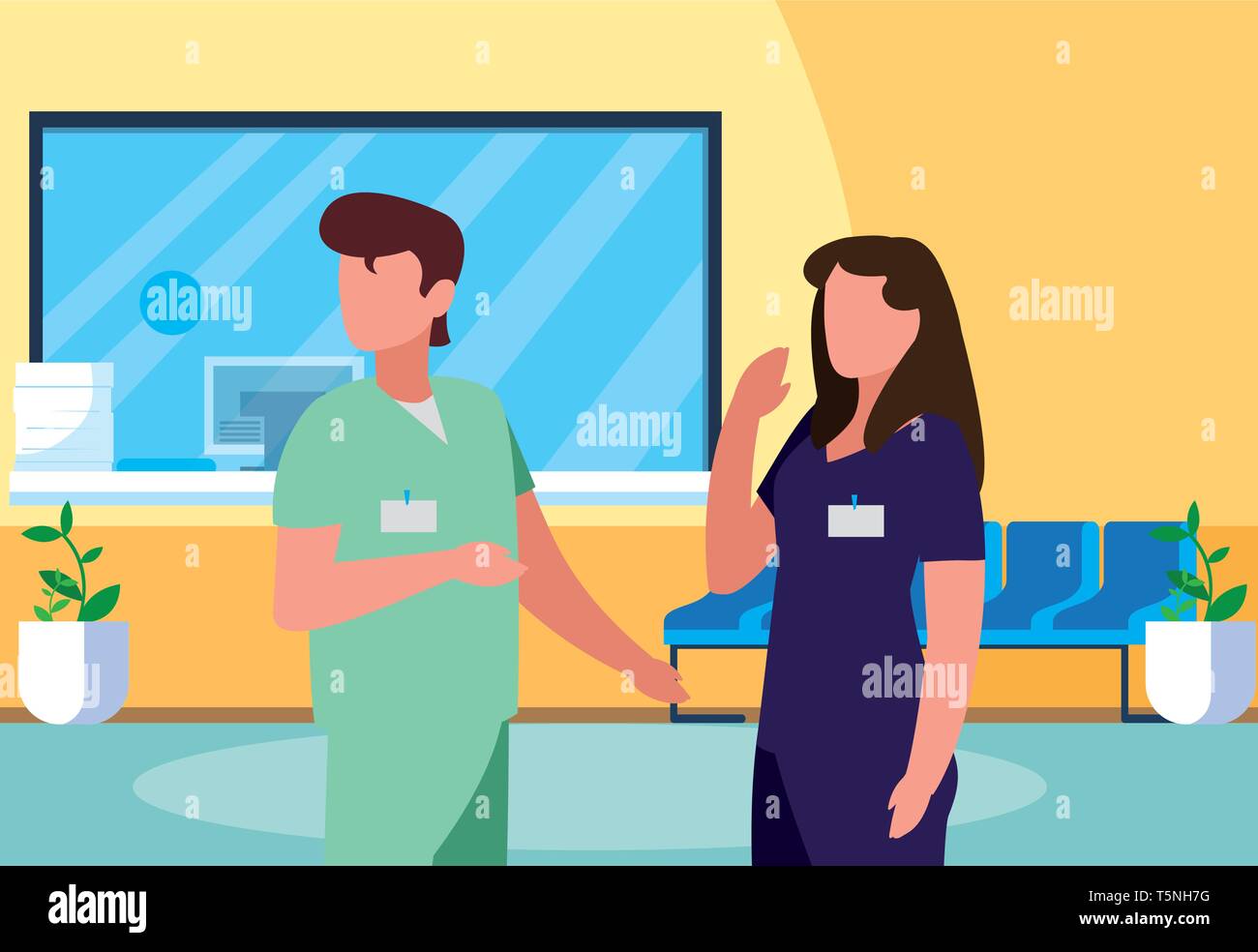 Paar Medizin Arbeiter im Krankenhaus Rezeption Vector Illustration Design Stock Vektor