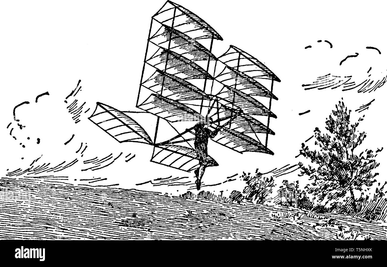 Dieses Bild stellt Chanute mehrere Segelfliegen Maschine, vintage Strichzeichnung oder Gravur Abbildung. Stock Vektor