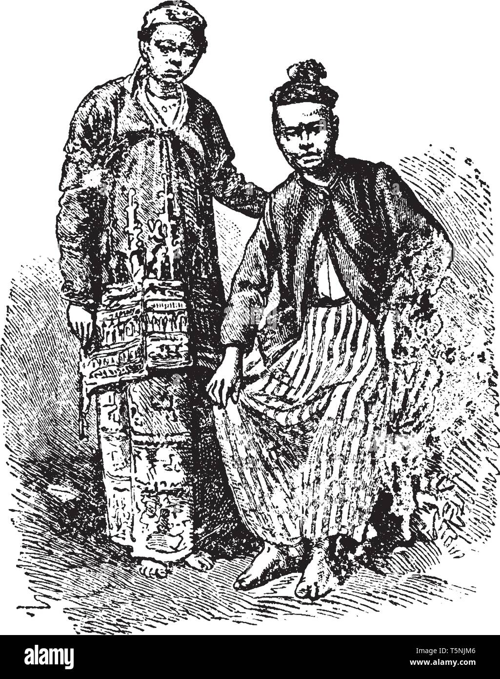 Burmesischen Paar ist ein Bürger des Landes der Union Myanmar, vintage Strichzeichnung oder Gravur Abbildung. Stock Vektor